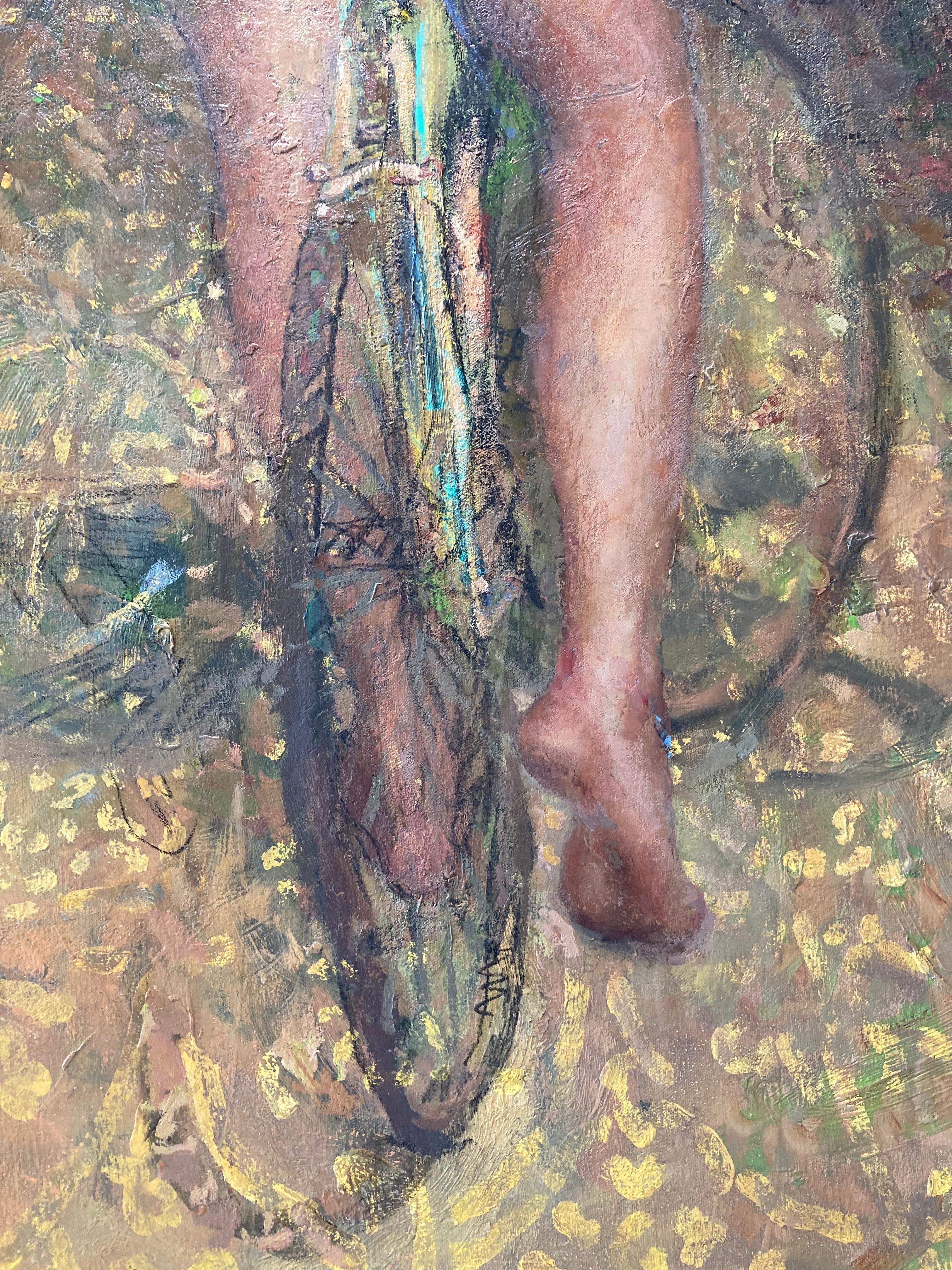 « Alexandra Leaving », réaliste et abstraite fusionnée dans une peinture à l'huile de femme à vélo en vente 1