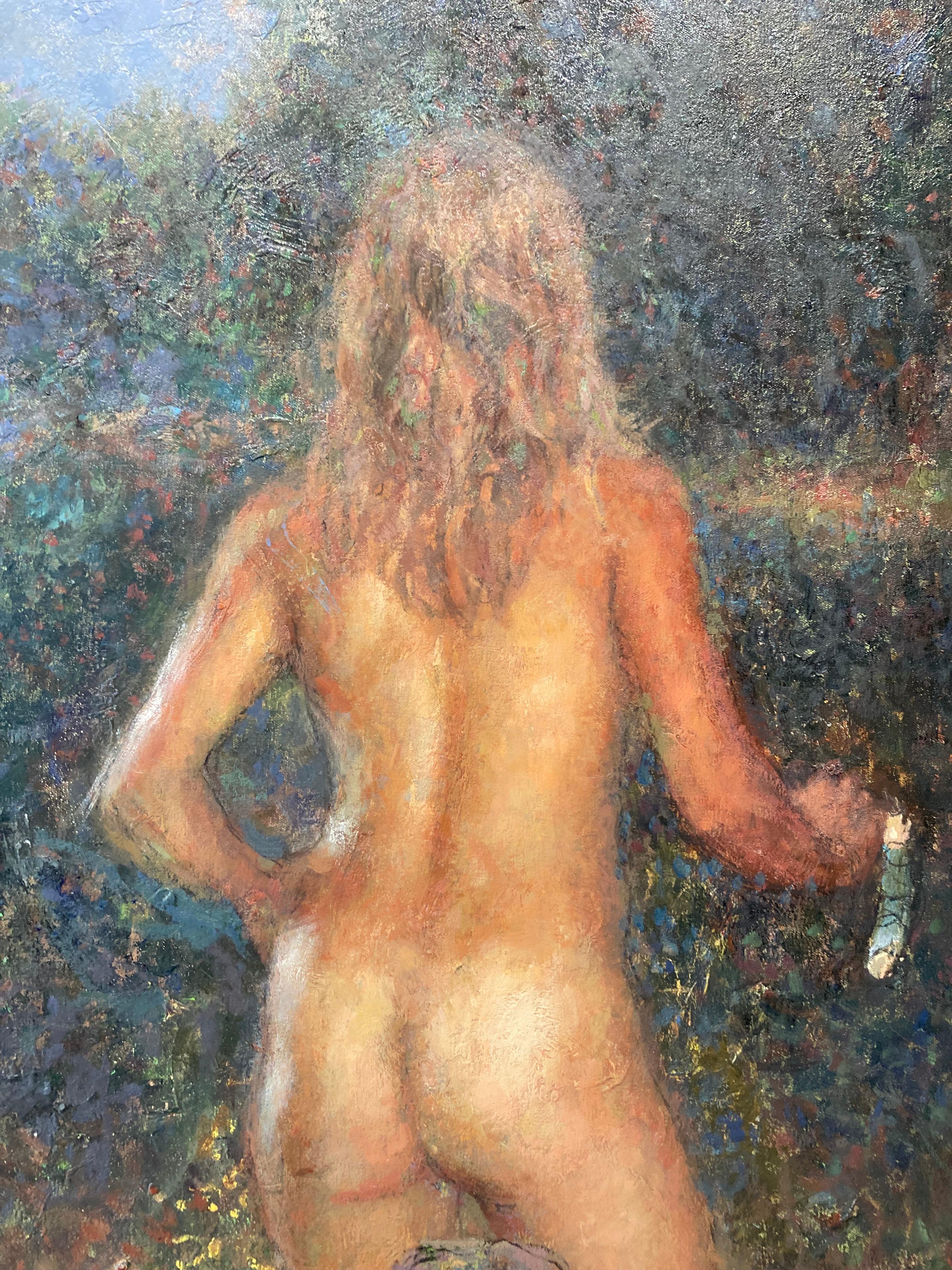 « Alexandra Leaving », réaliste et abstraite fusionnée dans une peinture à l'huile de femme à vélo en vente 4