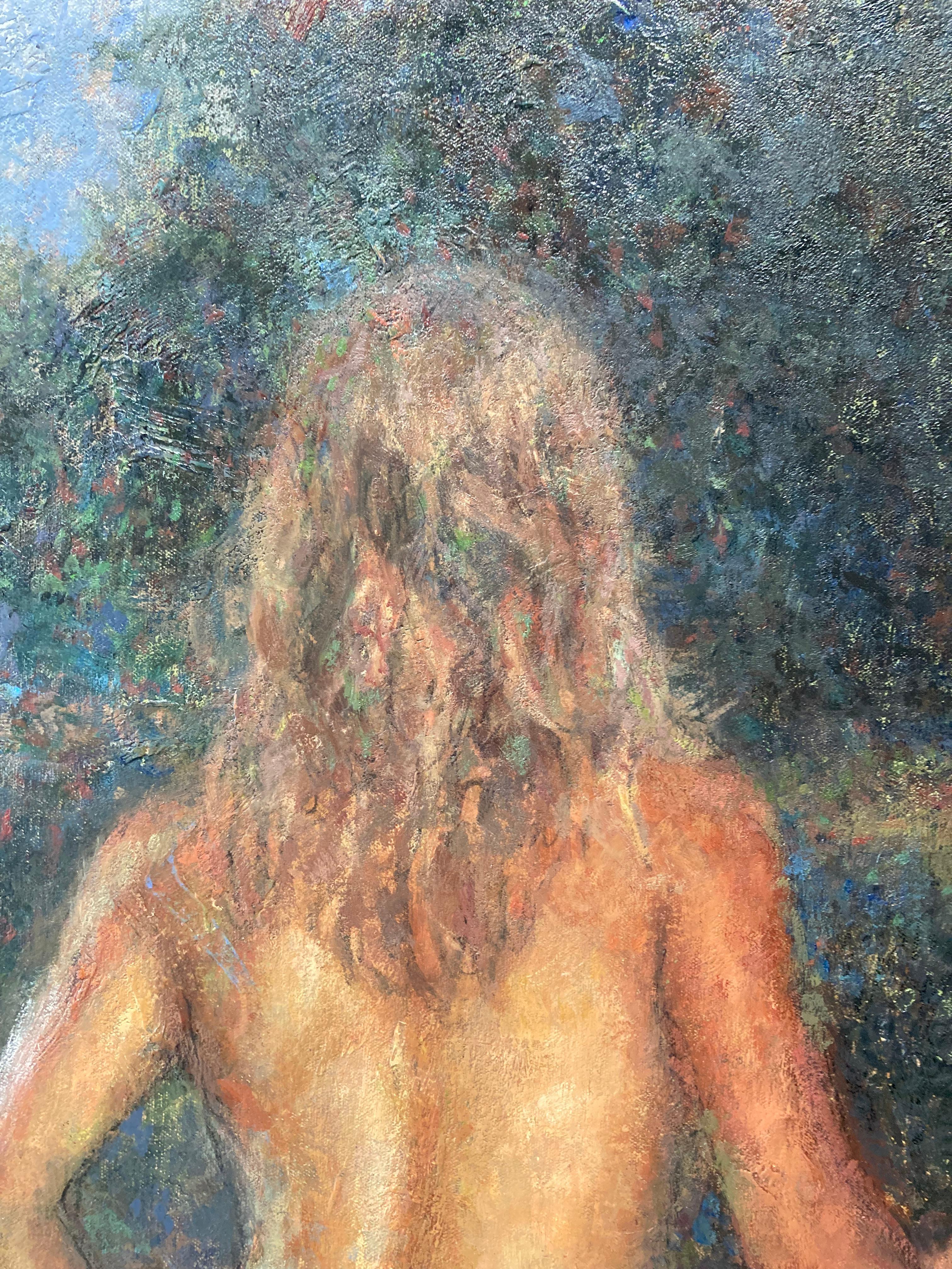 « Alexandra Leaving », réaliste et abstraite fusionnée dans une peinture à l'huile de femme à vélo en vente 5