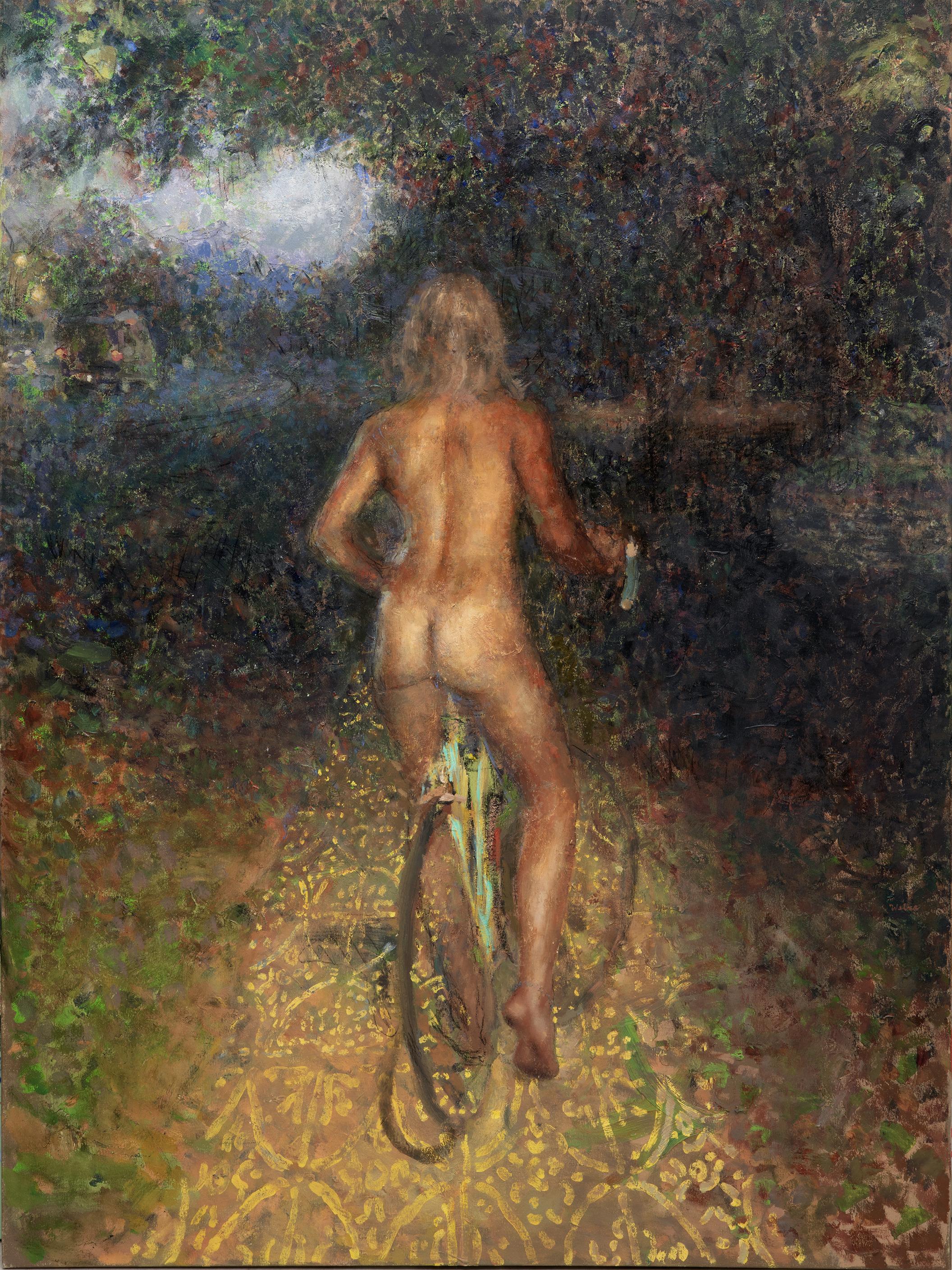 Nick Weber Nude Painting - "Alexandra Leaving" realist & abstract merged in oil painting of woman on bike