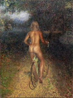 "Alexandra Leaving" Realismus und abstraktes Ölgemälde einer Frau auf Fahrrad in Ölgemälde verschmolzen