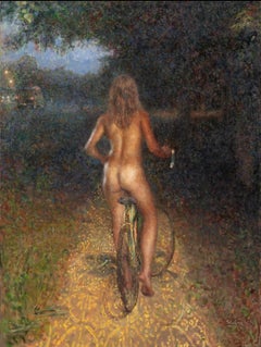 "Alexandra Leaving" realista y abstracto fusionados en una pintura al óleo de una mujer en bicicleta