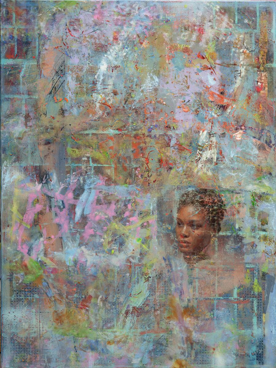 Nick Weber Portrait Painting – "Ask Alice" zeitgenössisches realistisches Porträt in farbiger abstrakter Ölmalerei