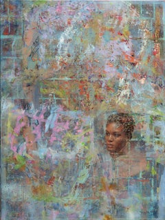"Ask Alice" portrait réaliste contemporain en peinture à l'huile abstraite colorée.