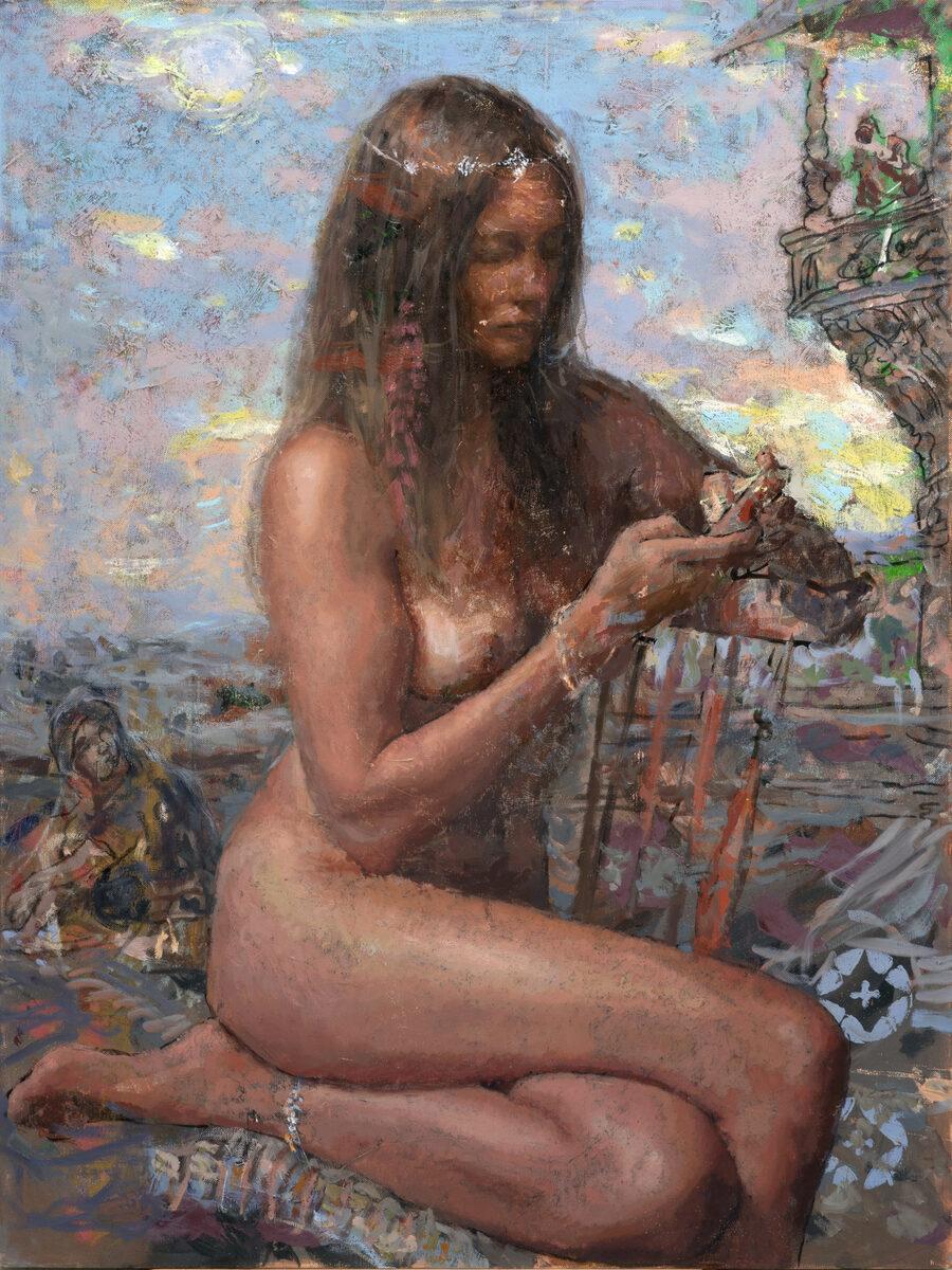Nick Weber Nude Painting - "Hallelujah" colorful oil painting of Bathsheba living in the 21st century