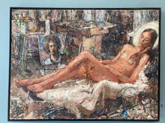 "It Was Summer" nu féminin contemporain coloré reposant dans l'atelier de l'artiste