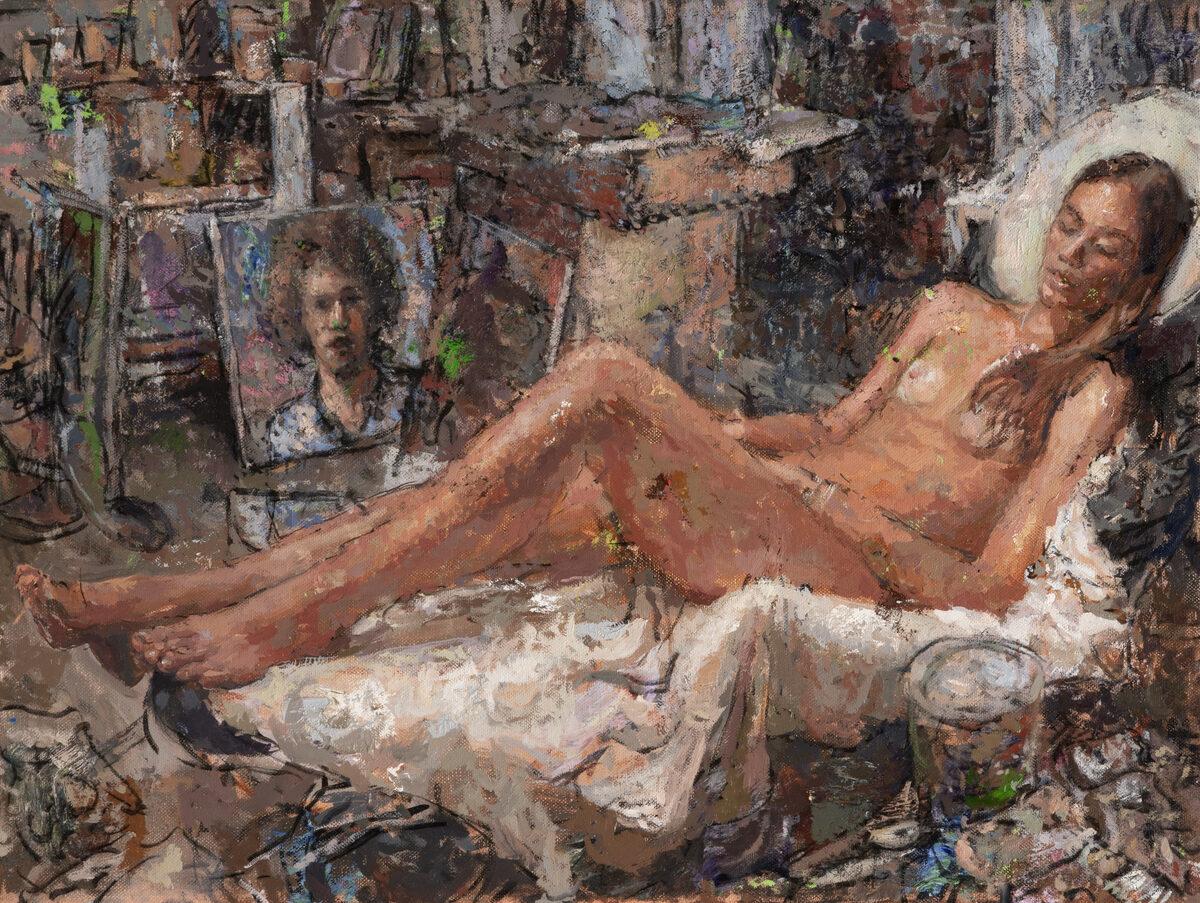 Nick Weber Portrait Painting - "It Was Summer" colorful contemporary female nude resting in artist's studio