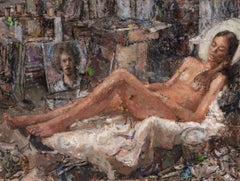 "It Was Summer" nu féminin contemporain coloré reposant dans l'atelier de l'artiste