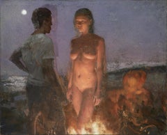 "Joan of Arc" contemporary post-modern moonlit summer night at a bonfire