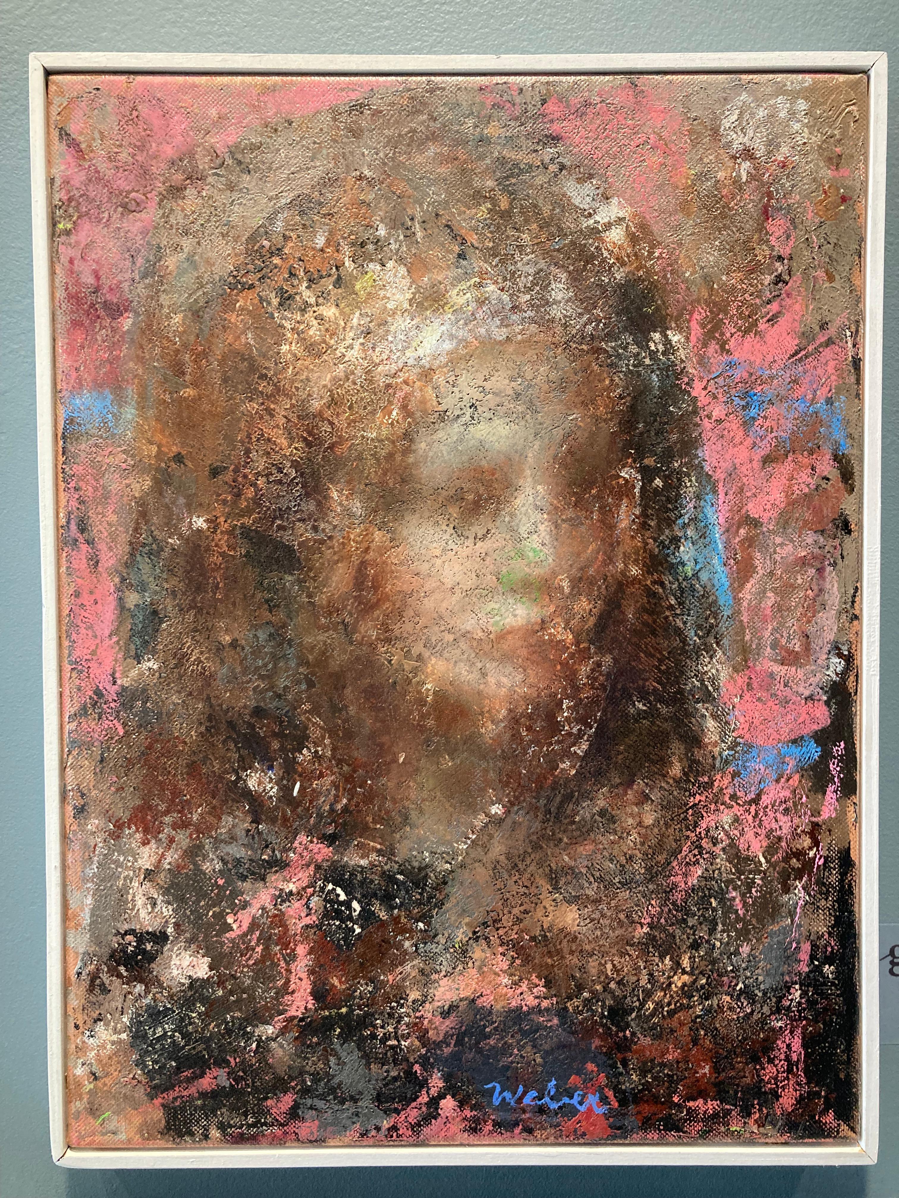 „Queen Jane“ farbenfrohes und rätselhaftes Ölgemälde mit Porträt einer Frau, die nach unten blickt – Painting von Nick Weber