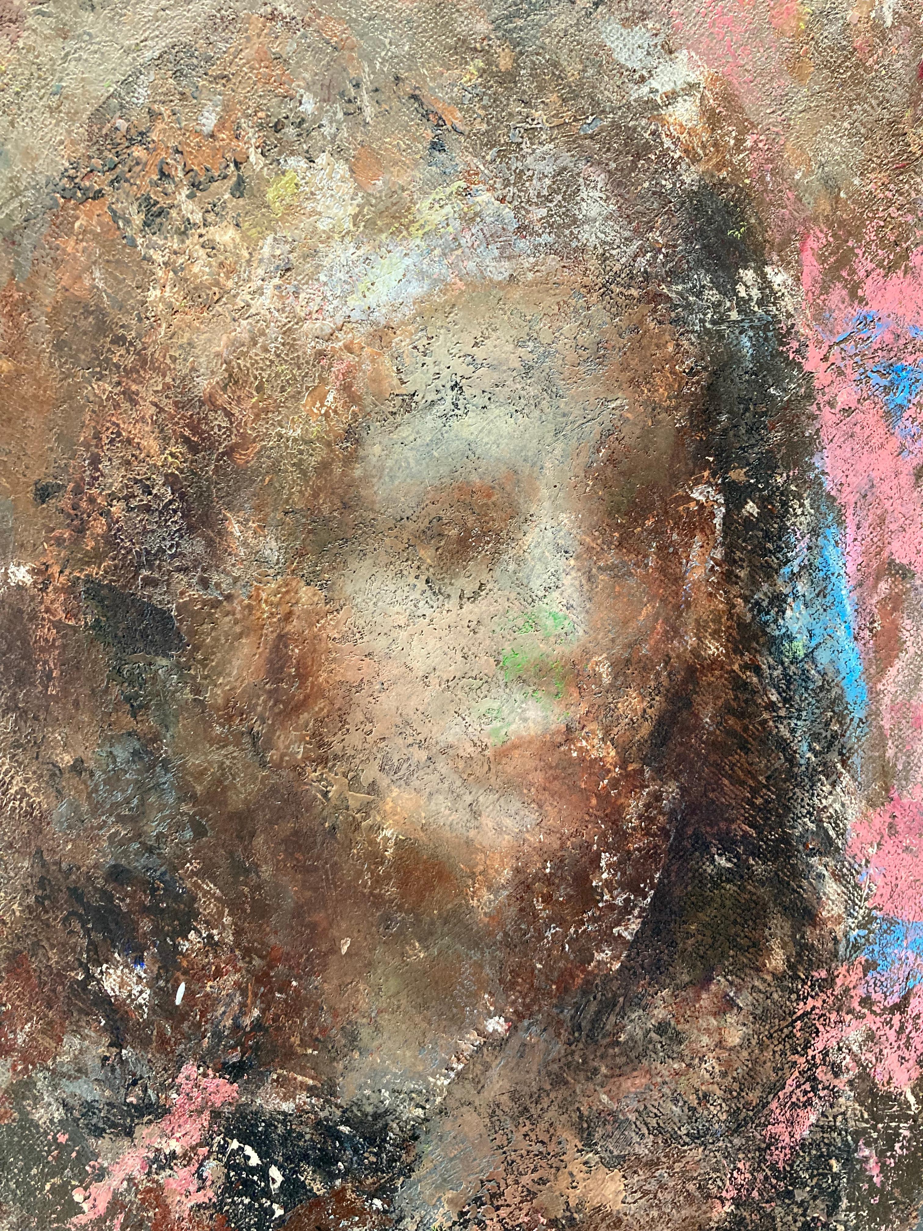 „Queen Jane“ farbenfrohes und rätselhaftes Ölgemälde mit Porträt einer Frau, die nach unten blickt (Braun), Portrait Painting, von Nick Weber