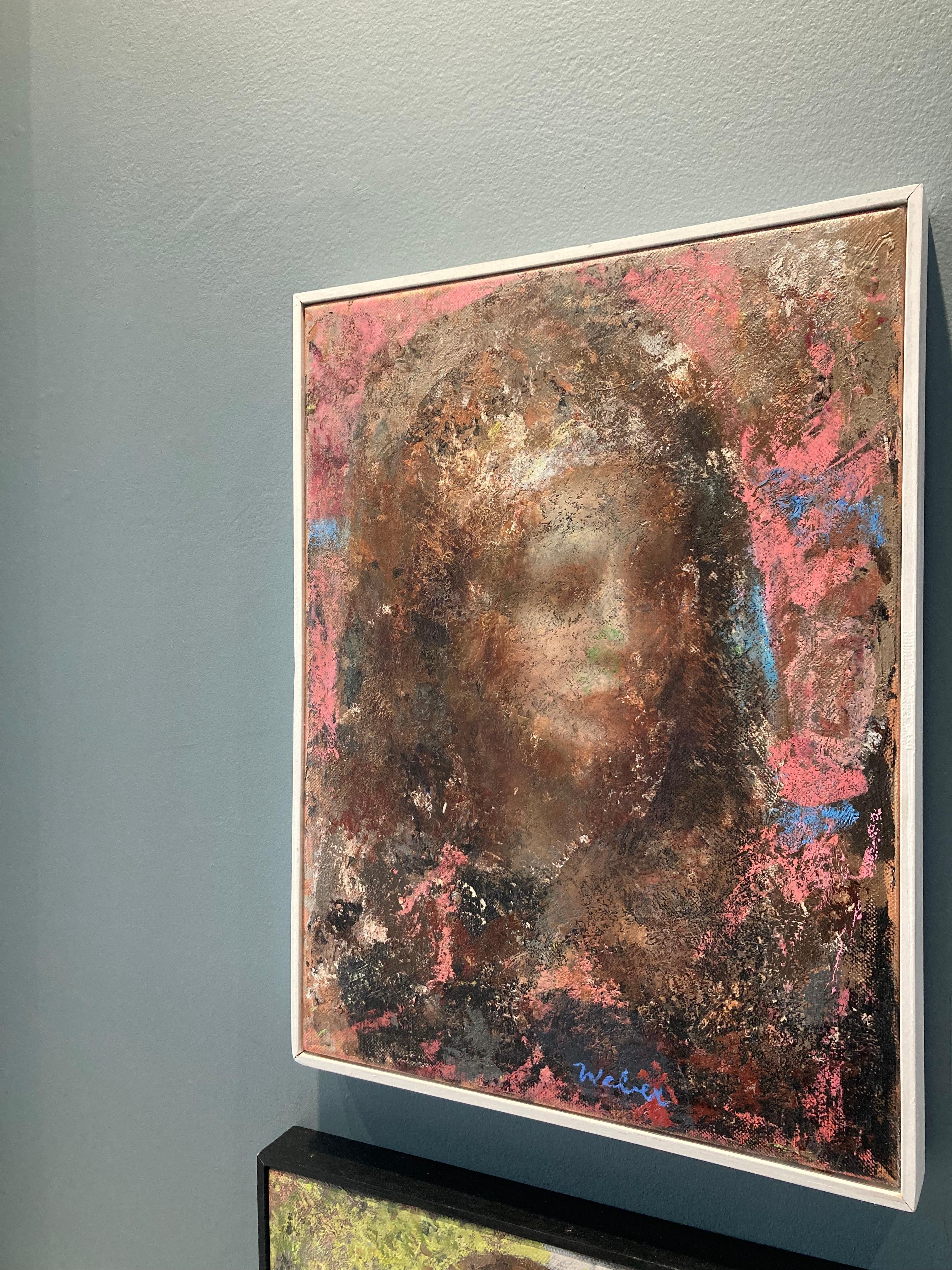 « Reine Jane », peinture à l'huile colorée et énigmatique représentant une femme regardant vers le bas en vente 1