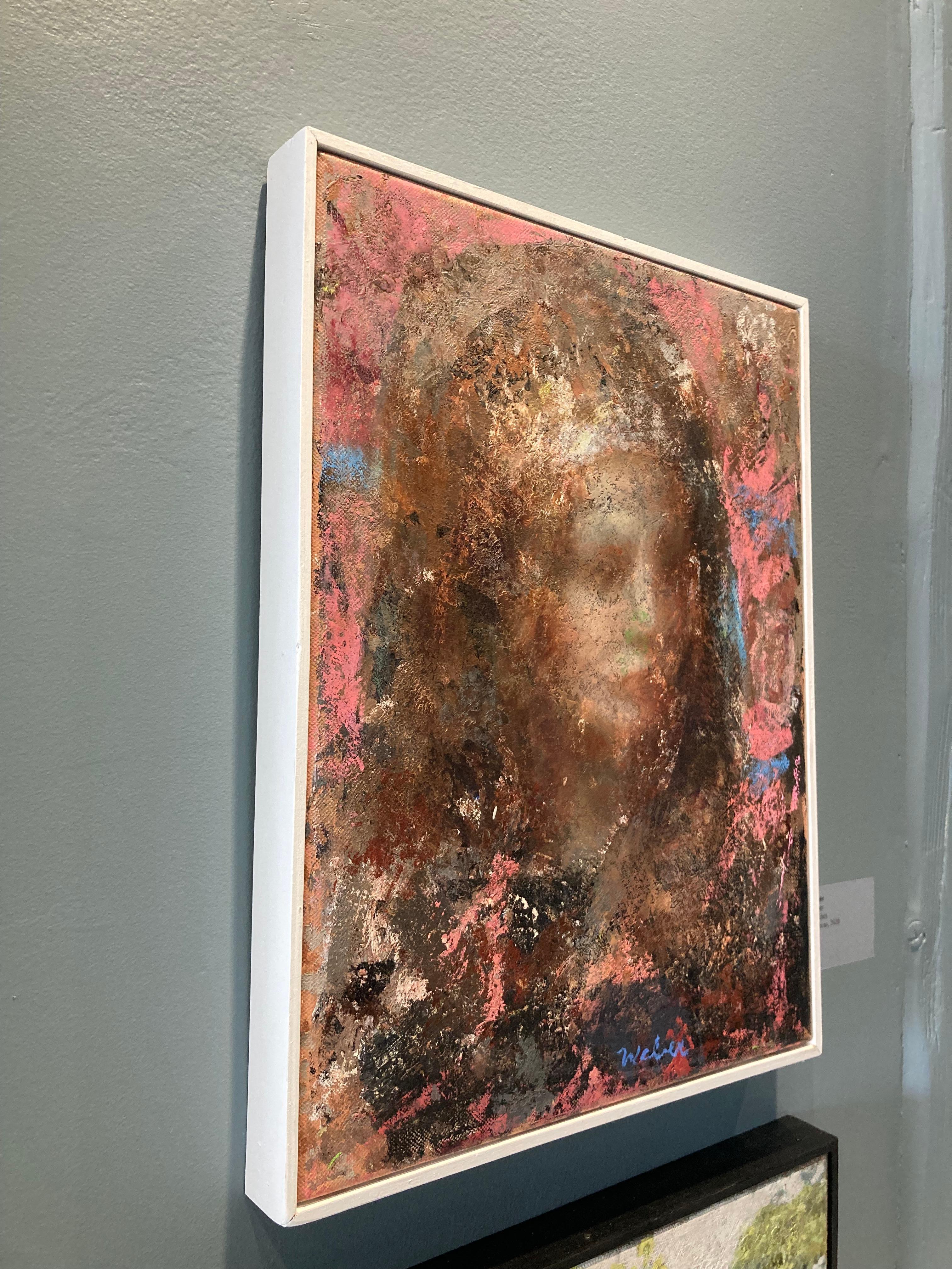 « Reine Jane », peinture à l'huile colorée et énigmatique représentant une femme regardant vers le bas en vente 2