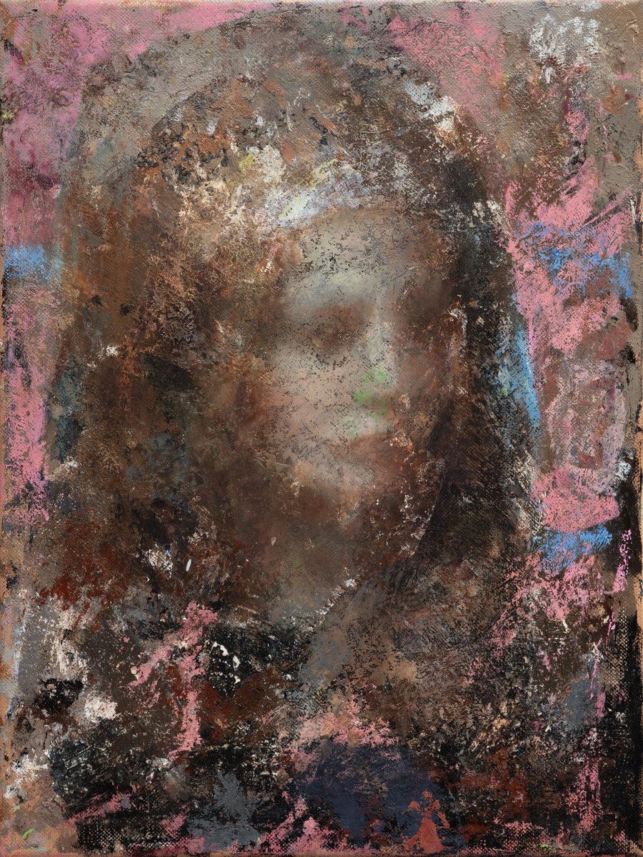 Portrait Painting Nick Weber - « Reine Jane », peinture à l'huile colorée et énigmatique représentant une femme regardant vers le bas