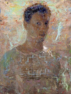 "There's a Blue Light" post-modern oil painting of artist in his studio