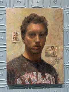 "Self with Atlanta Shirt" oil painting, self portrait of artist Nick Weber