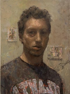 "Self with Atlanta Shirt" oil painting, self portrait of artist Nick Weber