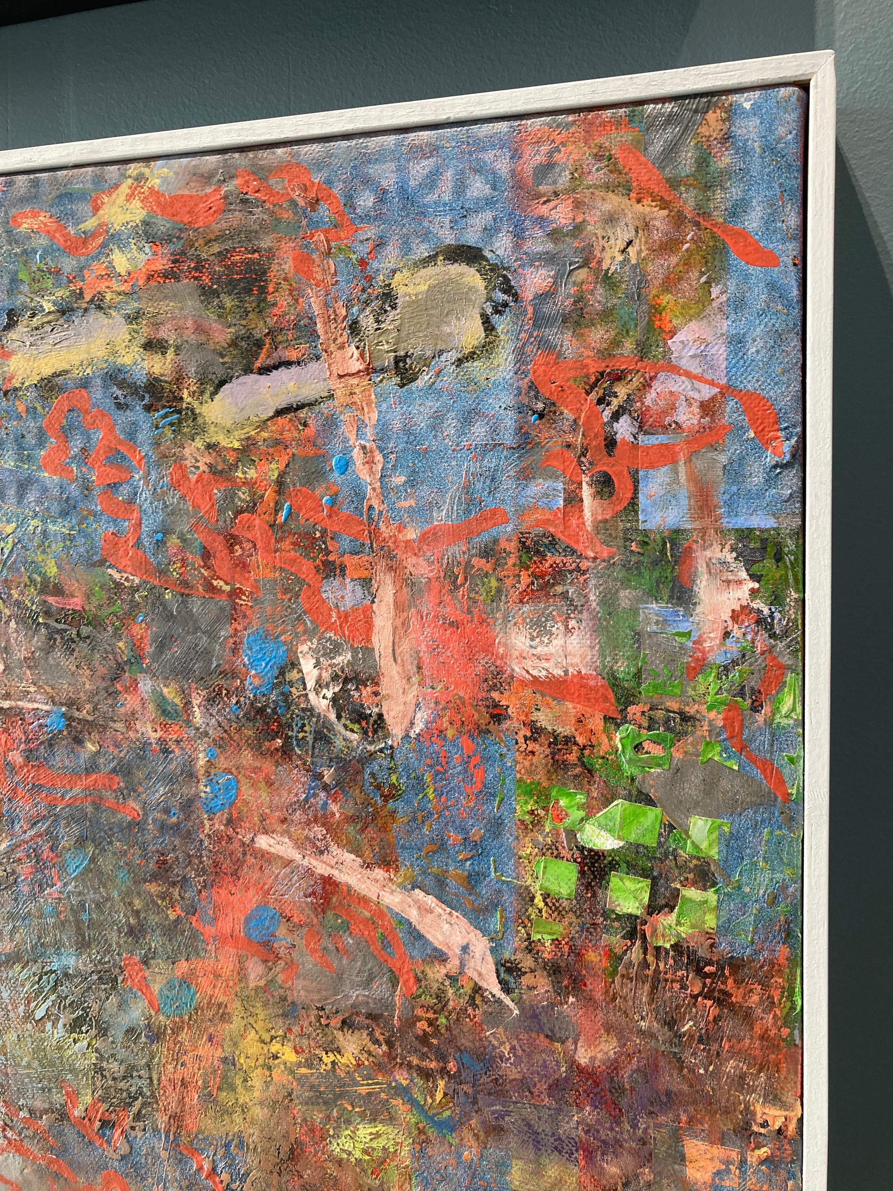 „Station to Station“ farbenfrohes rotes und blaues, mehrschichtiges Ölgemälde (Grau), Nude Painting, von Nick Weber