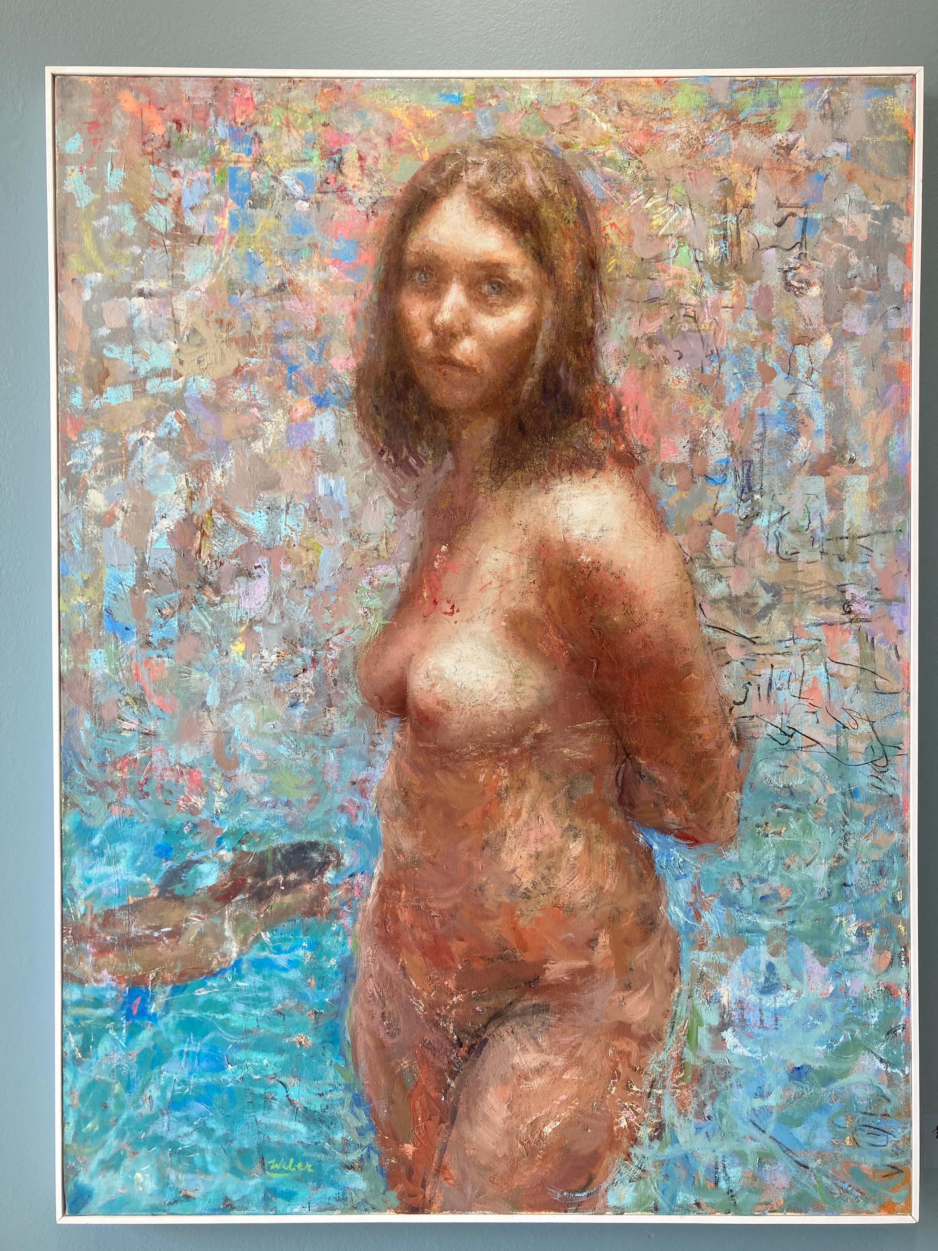 „Visions of Johanna“ farbenfrohes Sommerporträt einer nackten Frau, die schwimmt/posiert, in Wasser  – Painting von Nick Weber