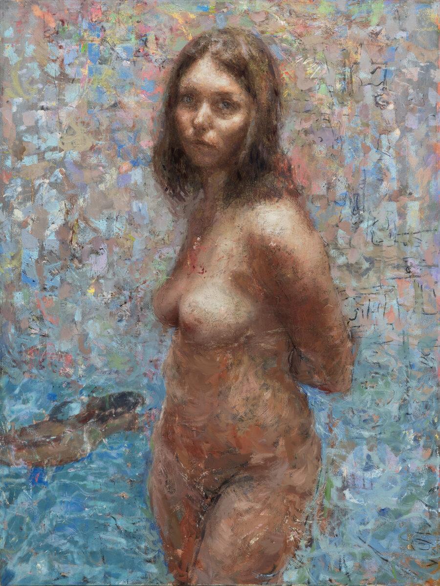 Nick Weber Figurative Painting - "Visions of Johanna" colorful summertime portrait of nude woman swimming/posing 