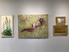 "Woman with Doe" Contemporary oil painting of nude in nature