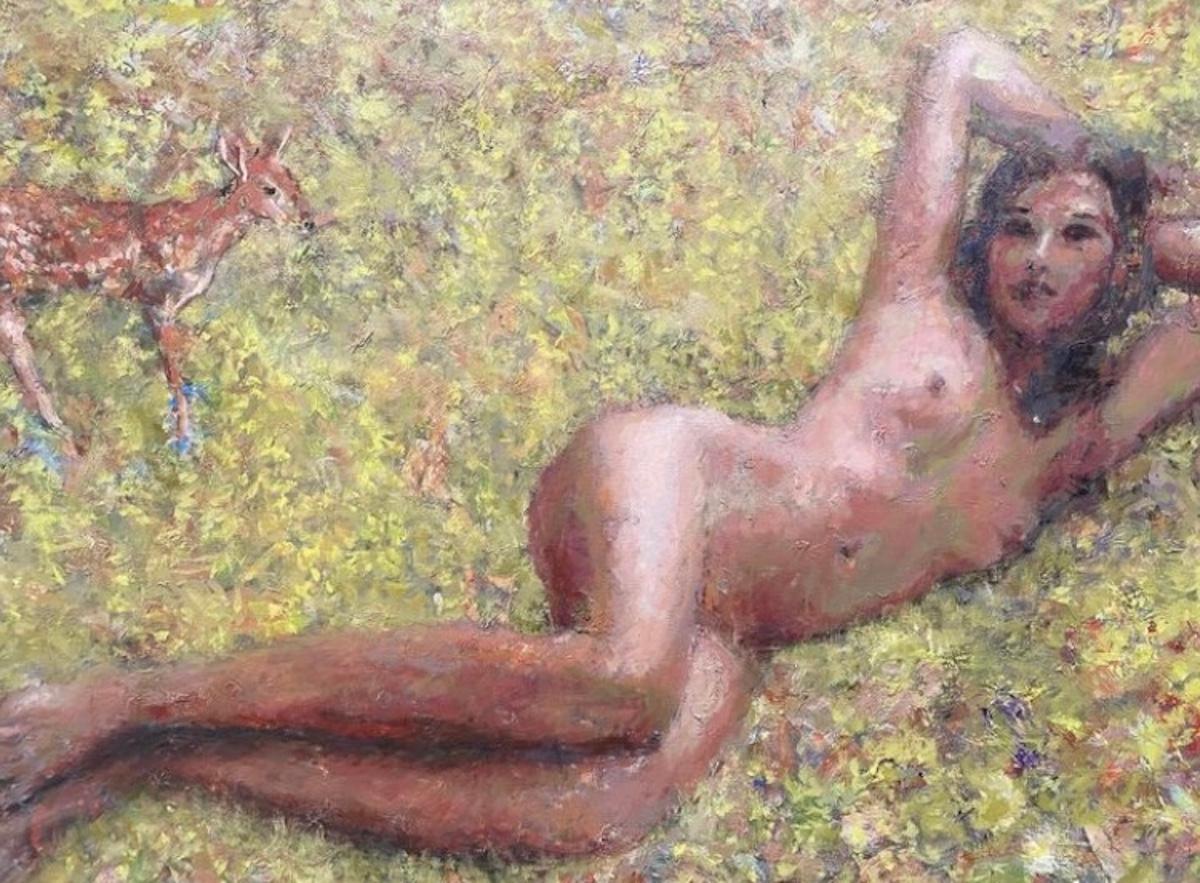 The artist paints his wife as a small doe looks on, inspired by a real experience the couple had in their home in the woods. 

Artist Bio
Nick Weber (b.1971) has exhibited mostly in the Northeast, with recent solo and group exhibitions at Harper’s