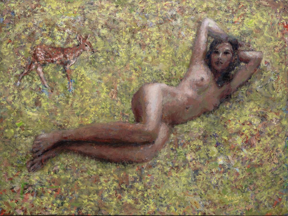 Nick Weber Nude Painting - "Woman with Doe" Contemporary oil painting of nude in nature