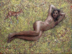 "Femme avec biche" Peinture à l'huile contemporaine de nu dans la nature.
