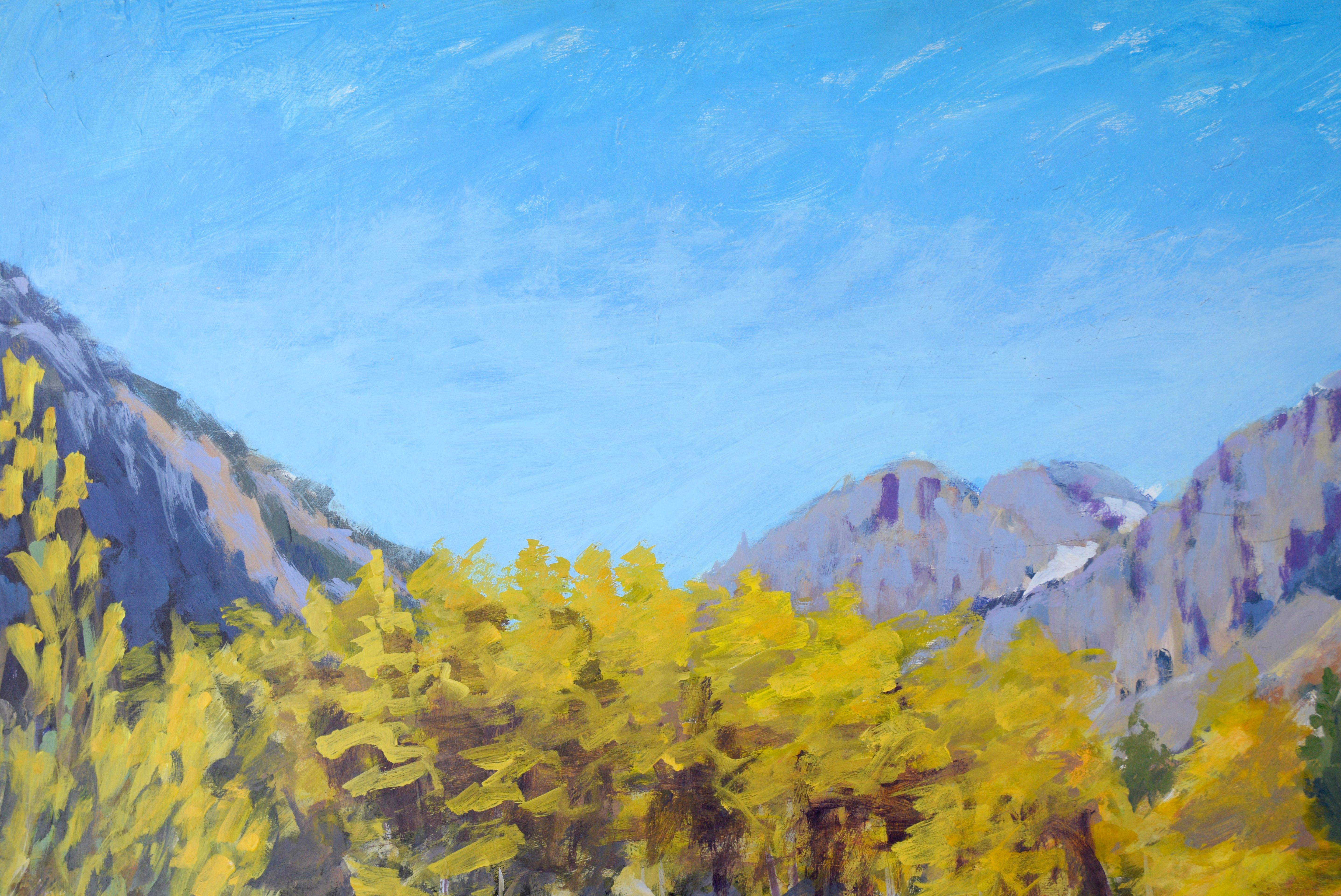 Un estanque bajo un bosque de álamos - Paisaje Plein Aire del Oeste Acrílico sobre tabla - Painting de Nick White