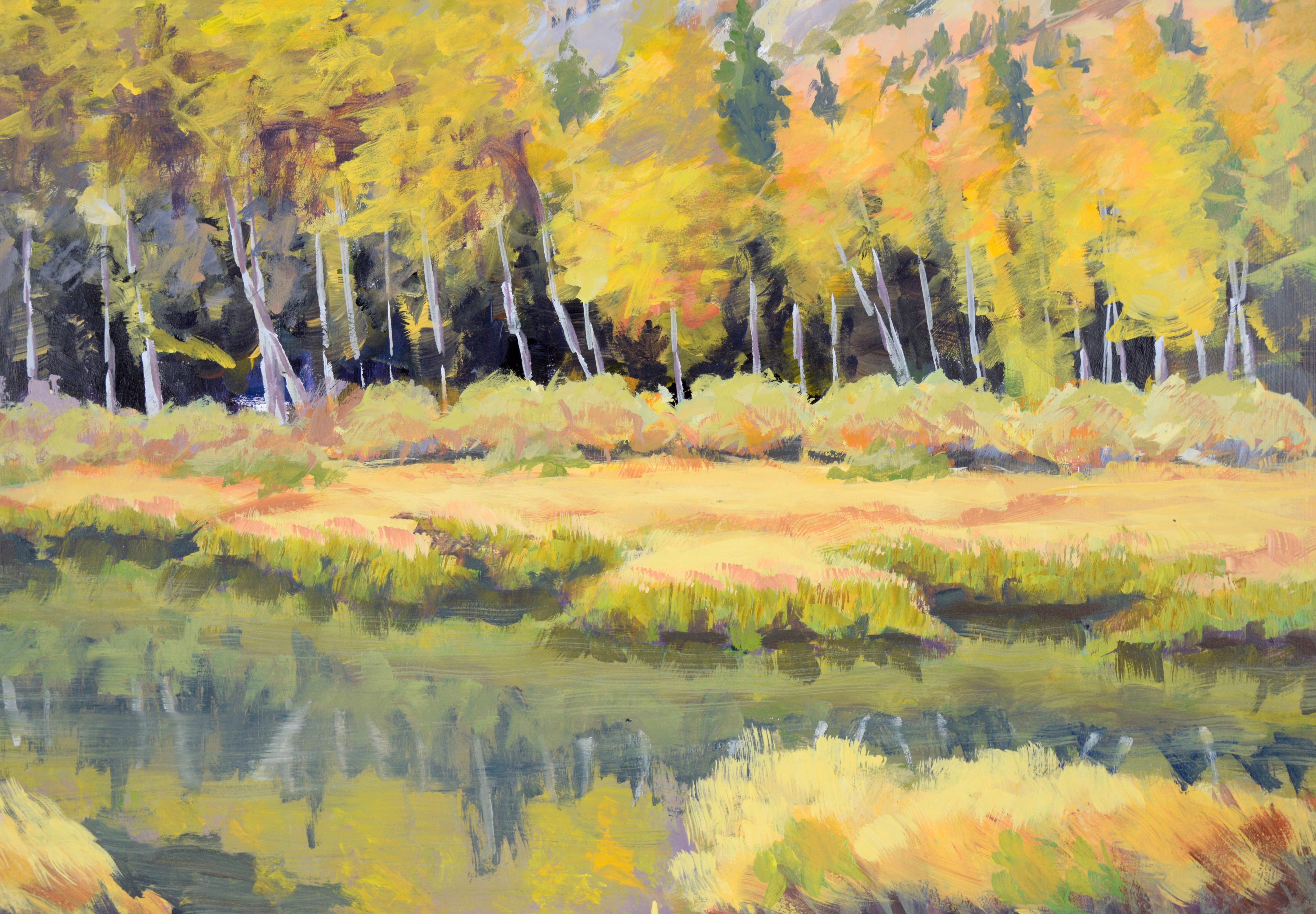 A Pond Under an Aspen Grove - Western Plein Aire Landscape Acrylic on Board

Expansive Western landscape by California Plein Aire artist Nick White (American, 1943-2009). Vibrant aspens tower over a green pond, the colors reflected in the surface of