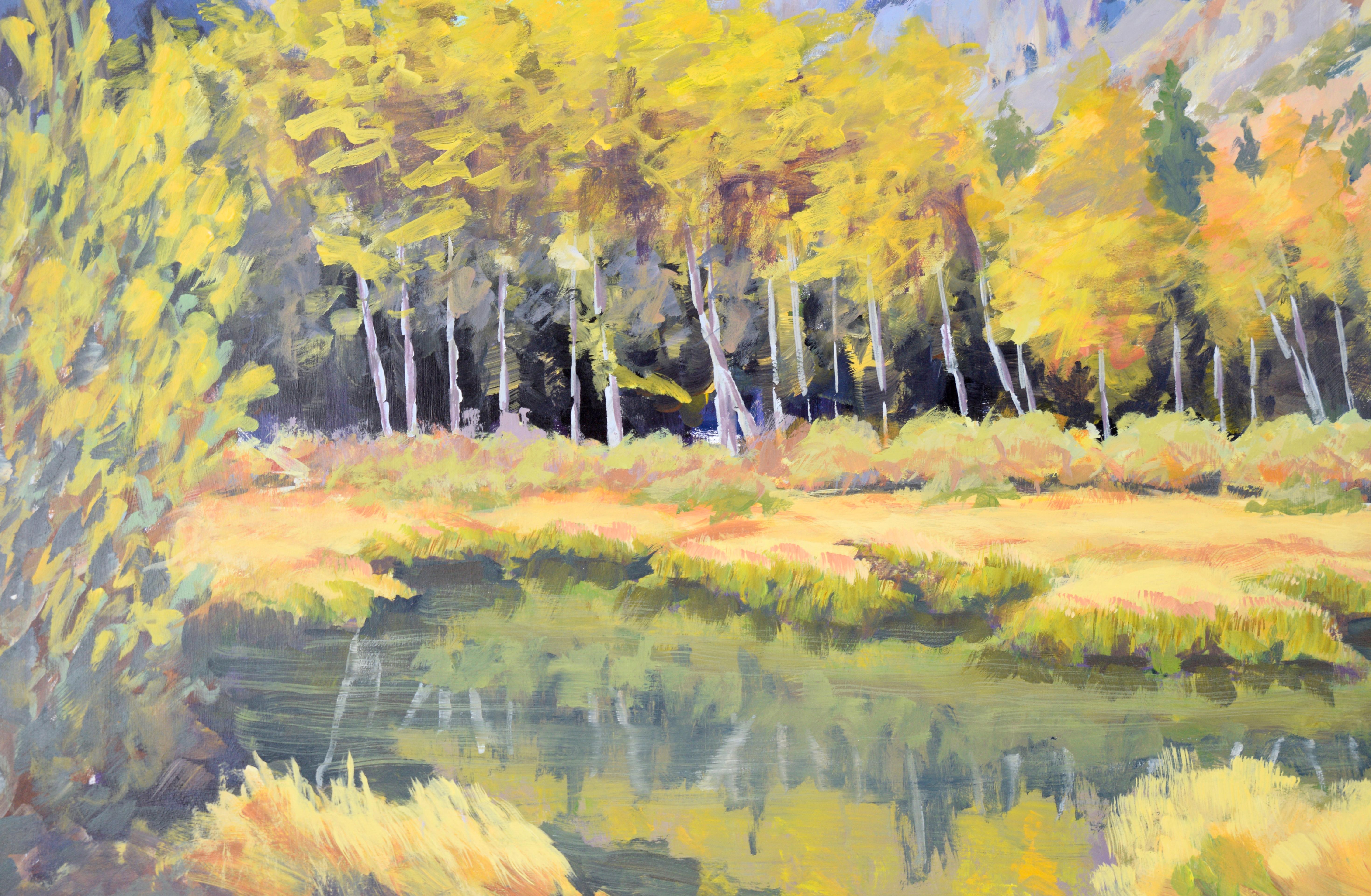 A Pond Under an Aspen Grove - Western Plein Aire Landscape Acrylic on Board For Sale 1