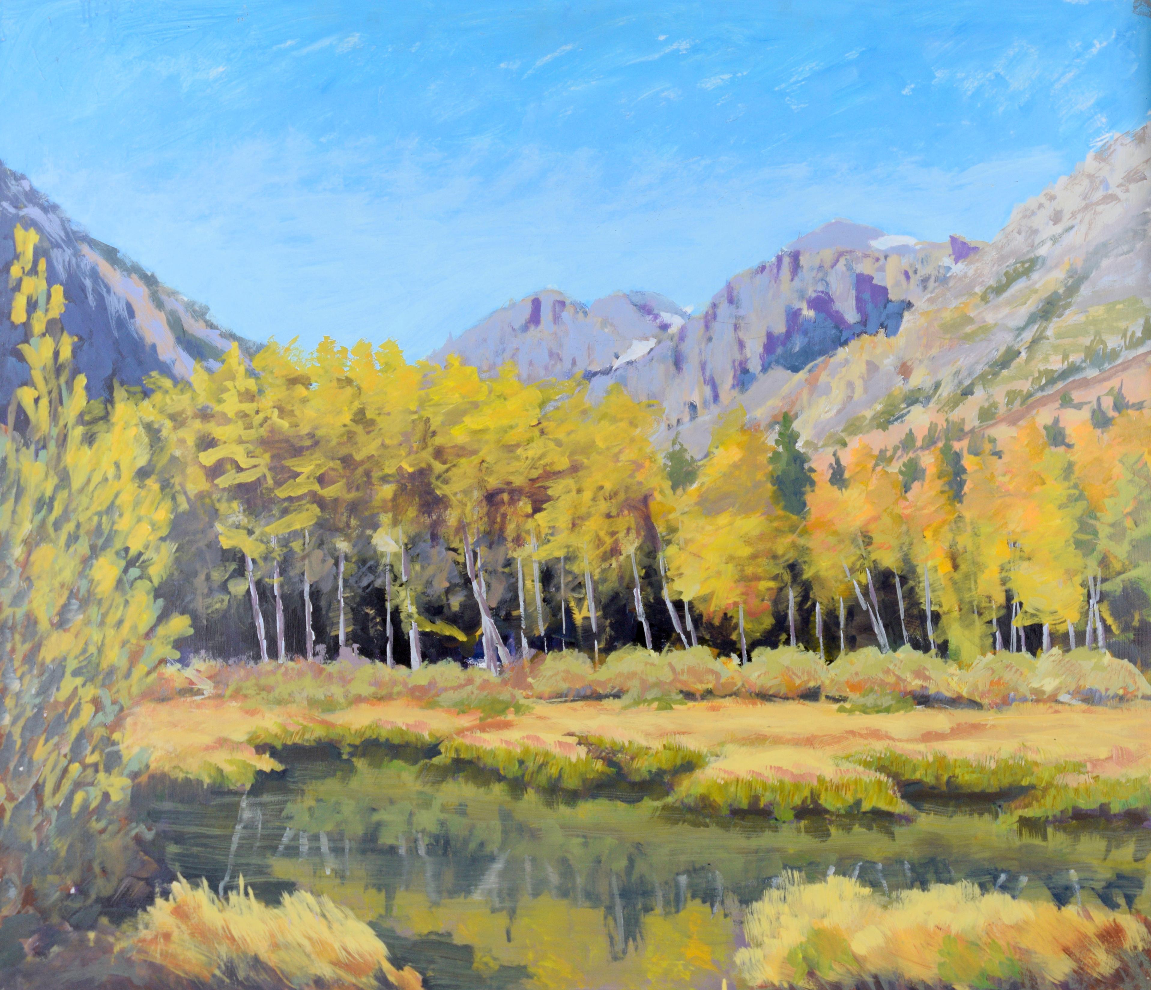 Nick White Landscape Painting - A Pond Under an Aspen Grove - Western Plein Aire Landscape Acrylic on Board