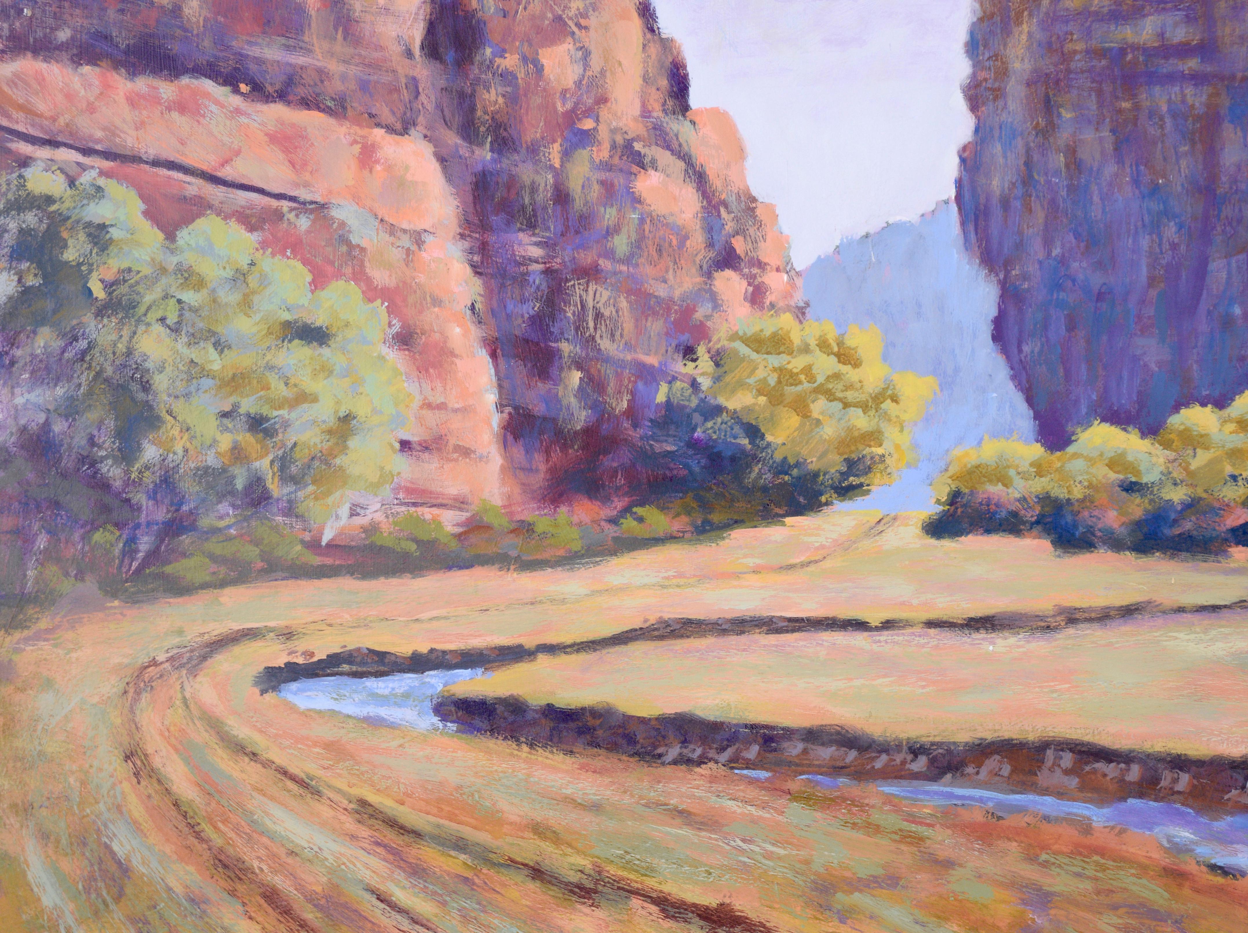 Un río lo atraviesa - Paisaje Plein Aire del Oeste en acrílico sobre tabla

Extenso paisaje de cañón del artista californiano de Plein Aire Nick White (estadounidense, 1943-2009). Un río atraviesa un cañón de roca roja, serpenteando y tallando su
