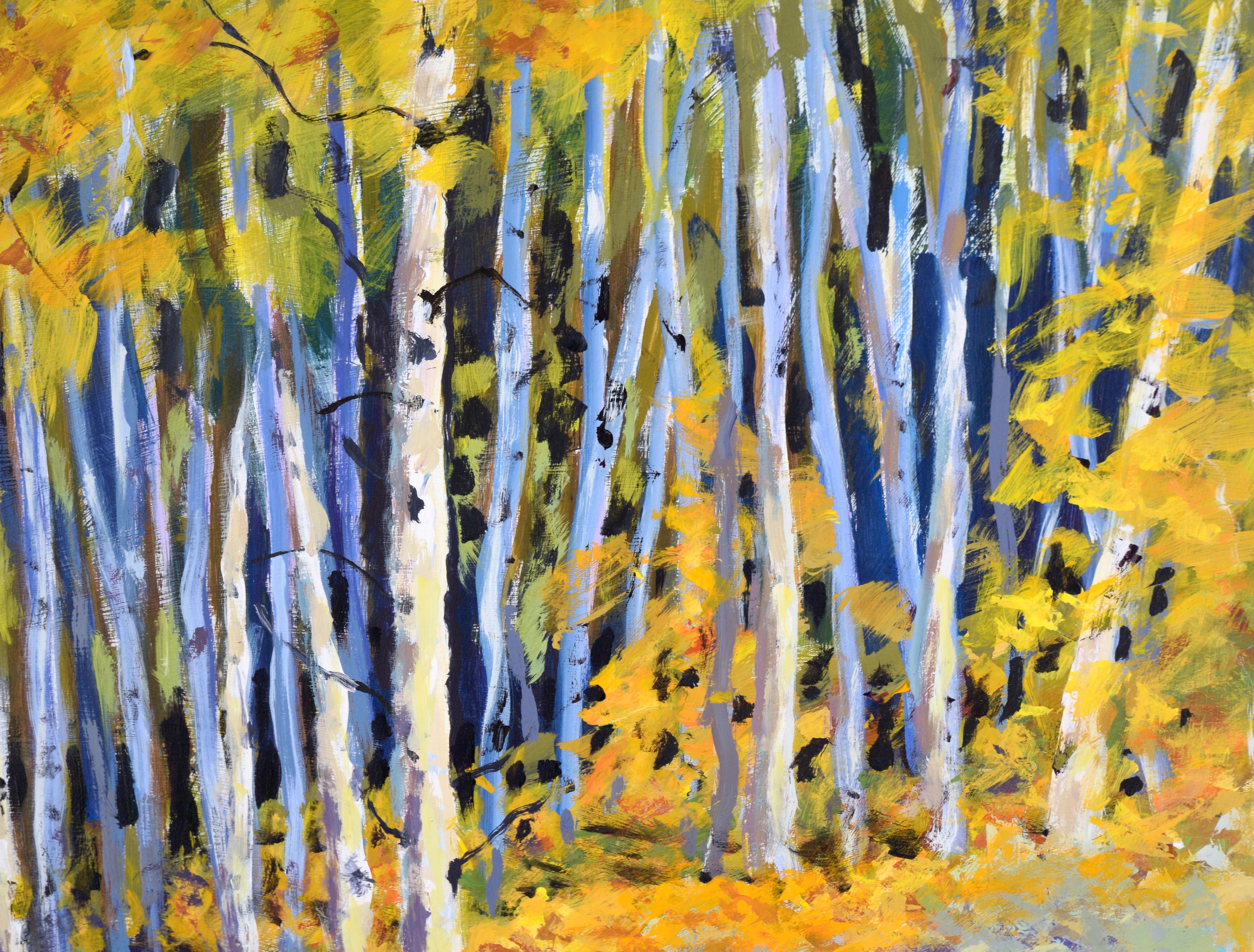 Bison in the Birch Forest - Western Plein Aire Landscape in Acrylic on Board

Lush Western landscape by California Plein Aire artist Nick White (American, 1943-2009). A large white and yellow aspen forest creates the backdrop for this composition.