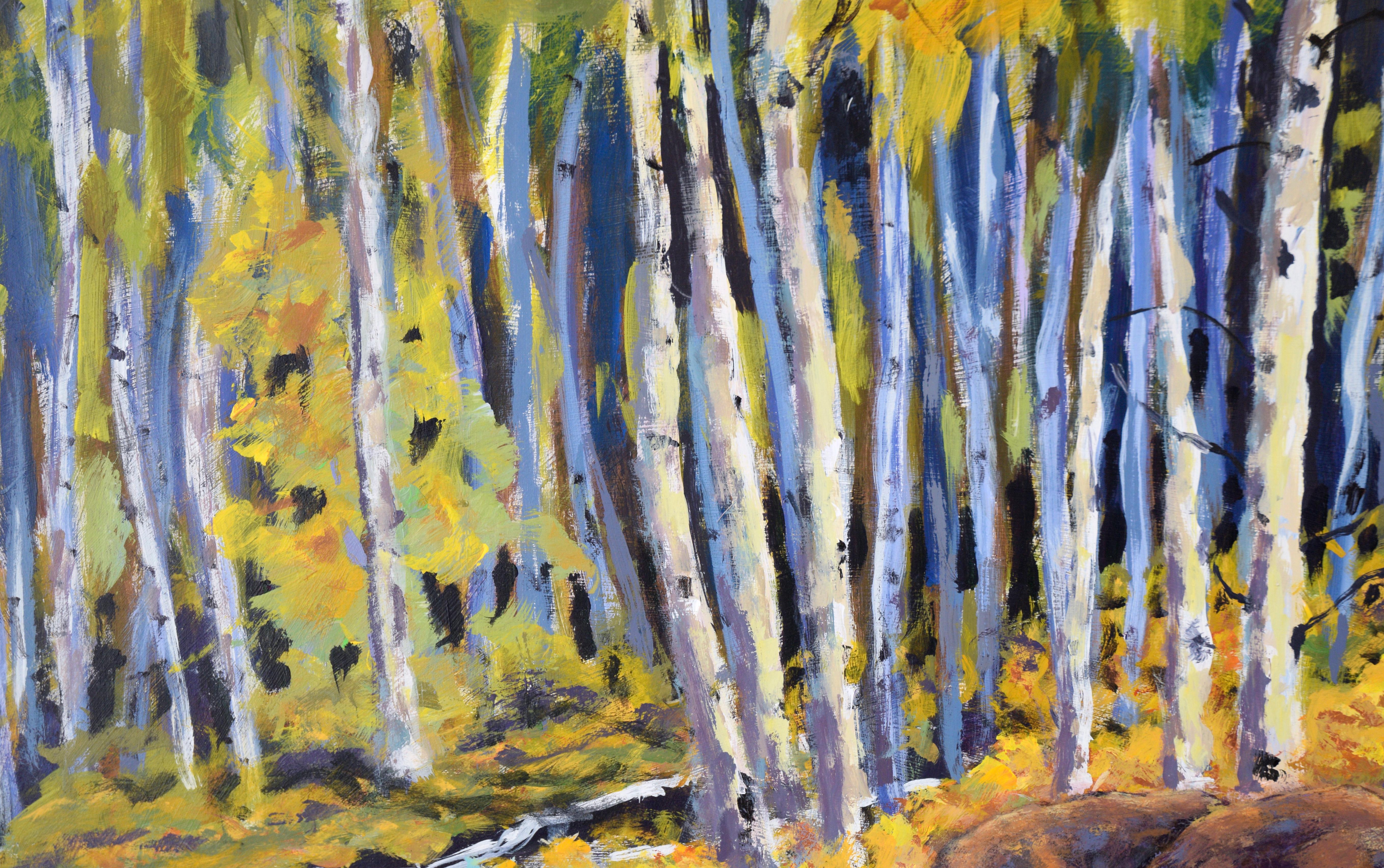 Bison in the Aspen Forest - Western Plein Aire Landscape in Acrylic on Board For Sale 1