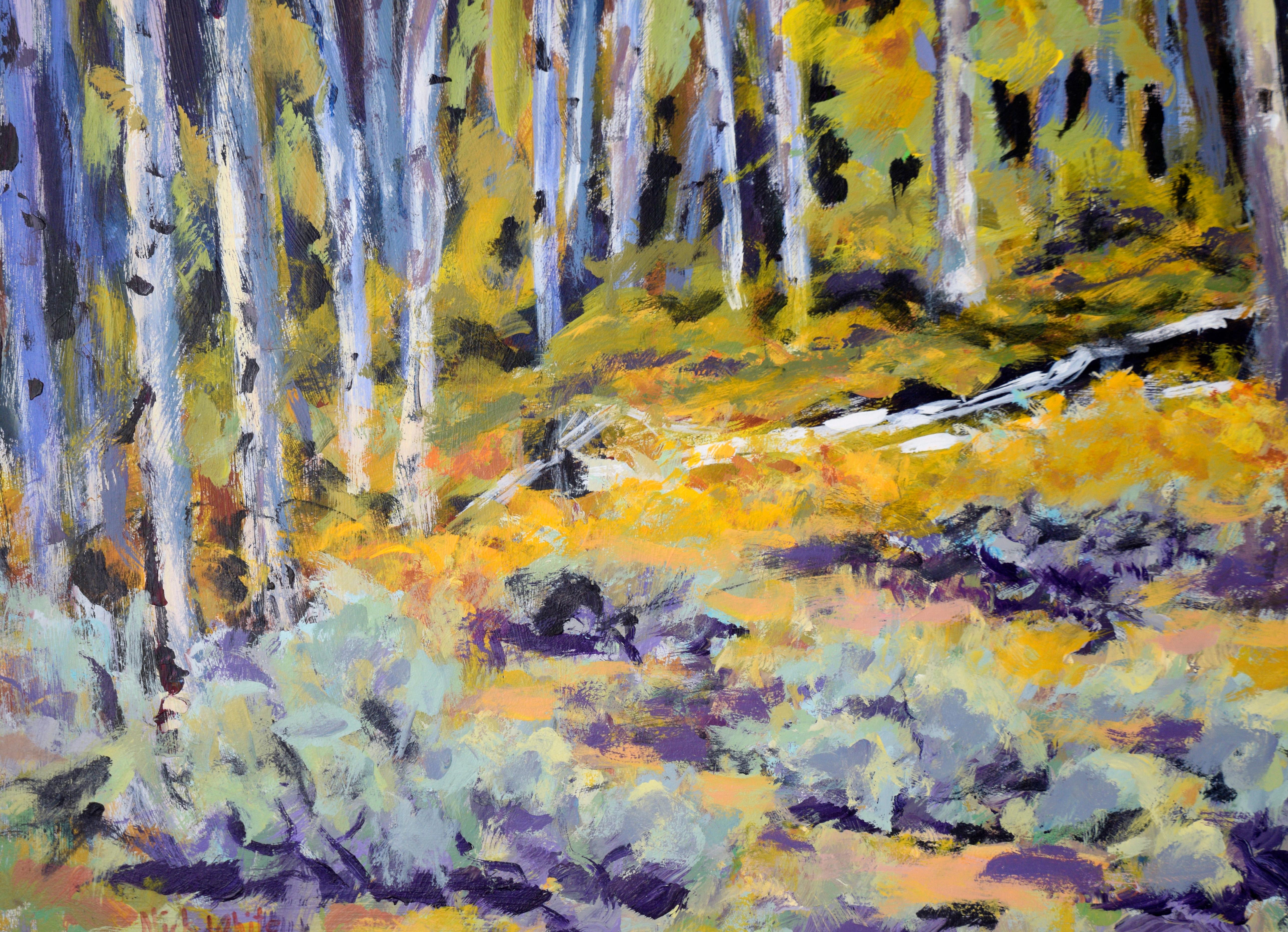 Bison in the Aspen Forest - Western Plein Aire Landscape in Acrylic on Board For Sale 2