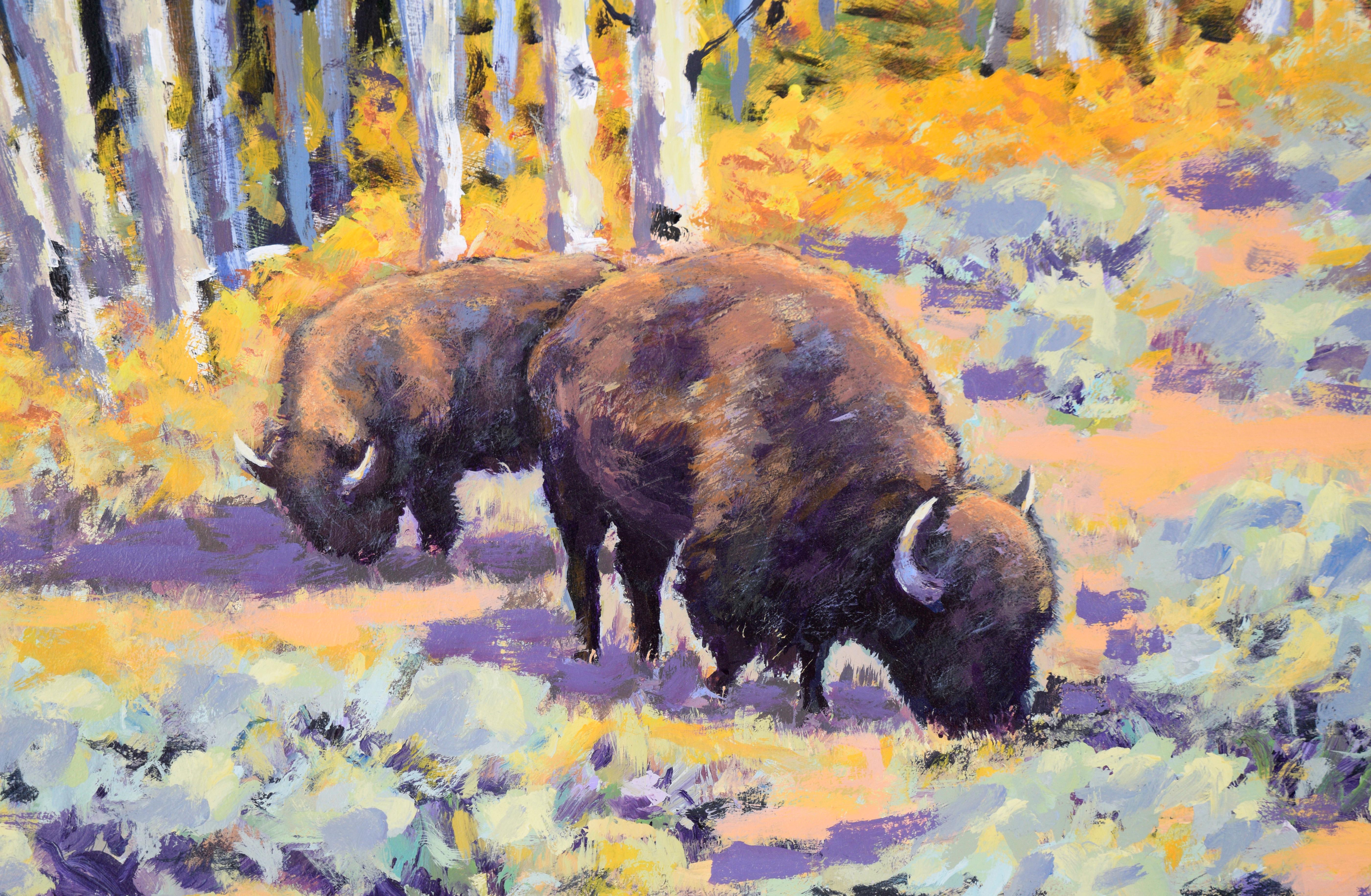 Bison in the Aspen Forest - Western Plein Aire Landscape in Acrylic on Board For Sale 3