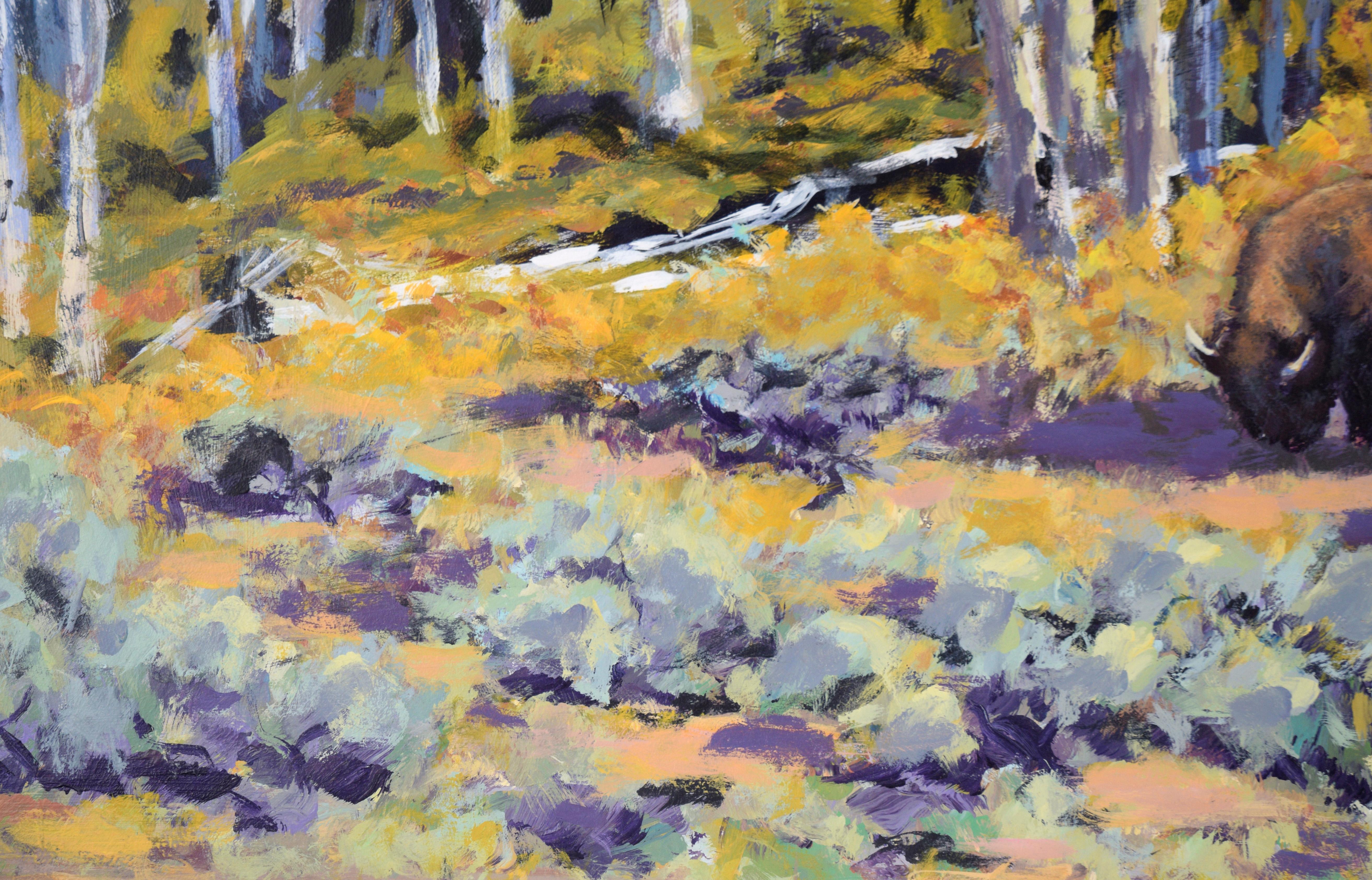 Bison in the Aspen Forest - Western Plein Aire Landscape in Acrylic on Board For Sale 4