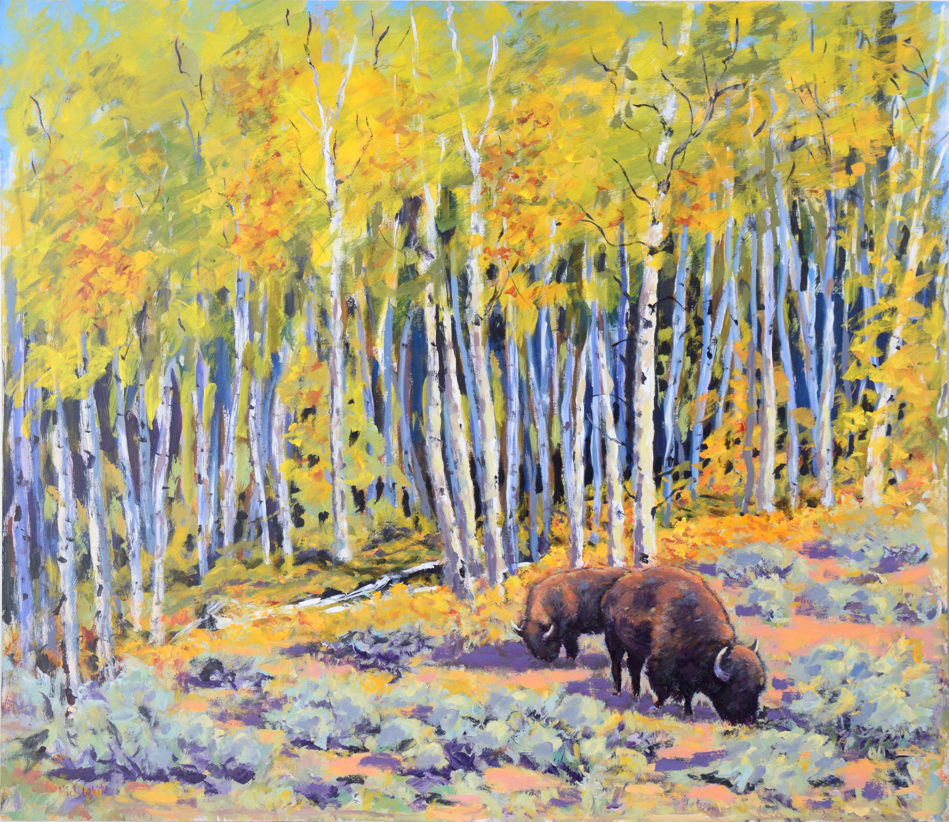 Nick White Landscape Painting - Bison in the Aspen Forest - Western Plein Aire Landscape in Acrylic on Board