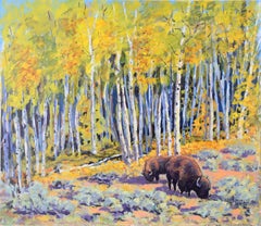 Bison in the Aspen Forest - Western Plein Aire Landscape in Acrylic on Board