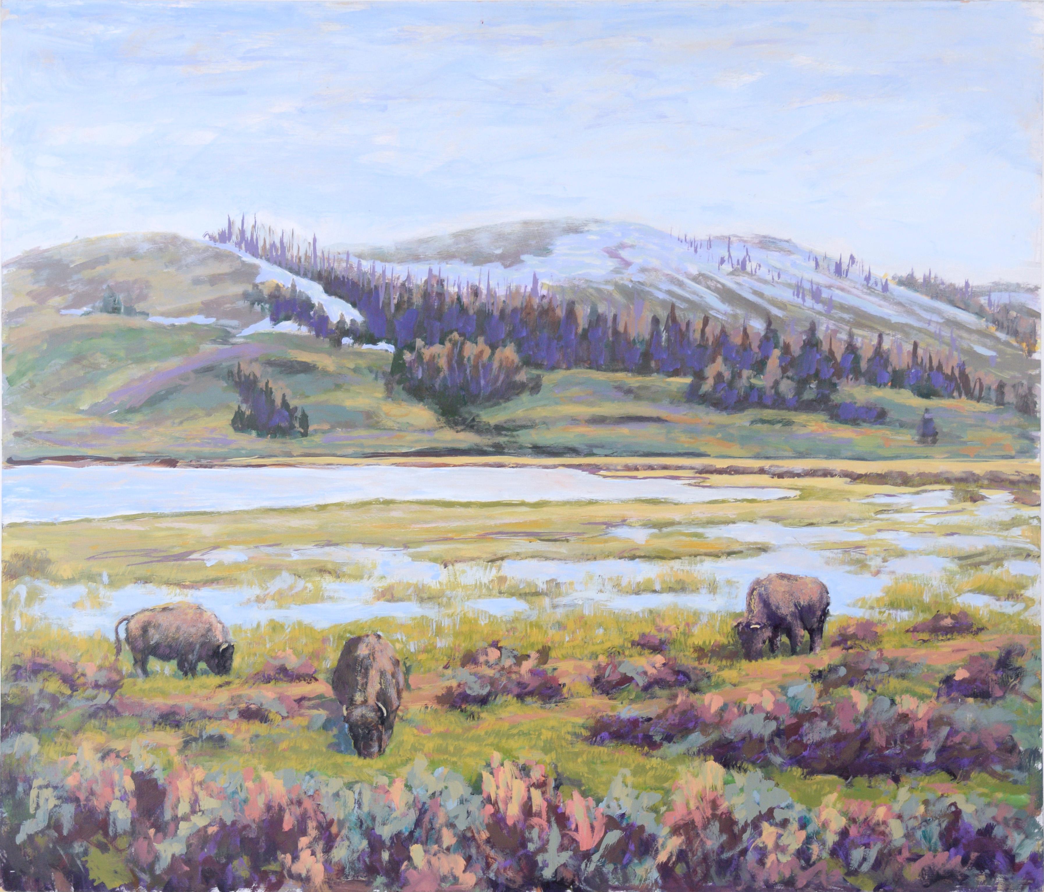Nick White Landscape Painting - Bison in the Spring Thaw - Western Plein Aire Landscape in Acrylic on Board