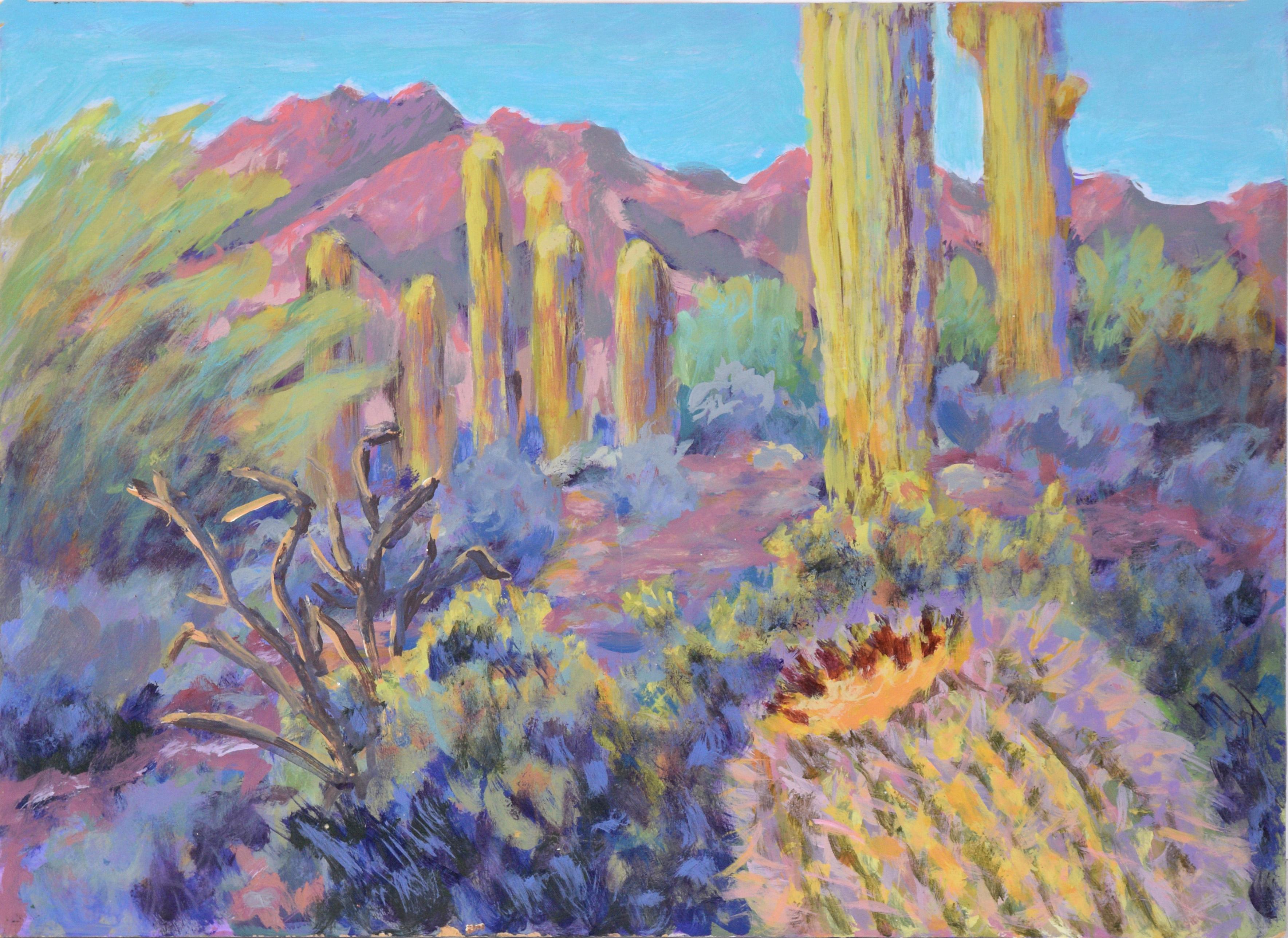 Nick White Landscape Painting - "Cactus in Pastel" - Desert Plein Aire Landscape in Acrylic on Masonite