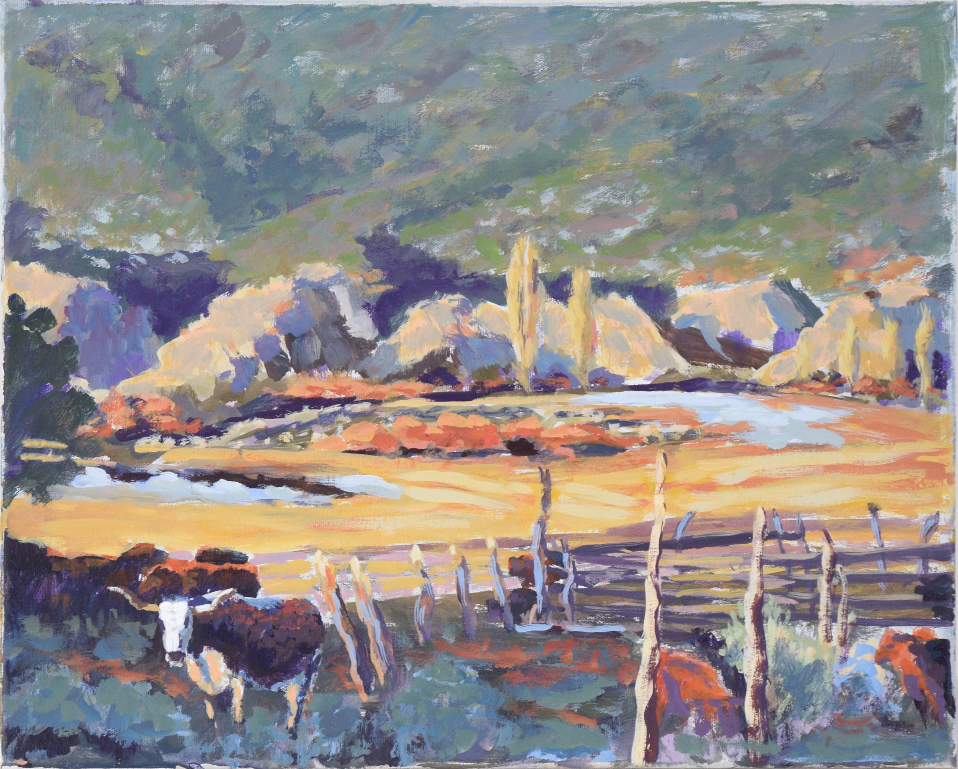 Desert Ranch with Longhorn Steer - Plein Aire Landscape in Acrylic on Canvas - Painting by Nick White