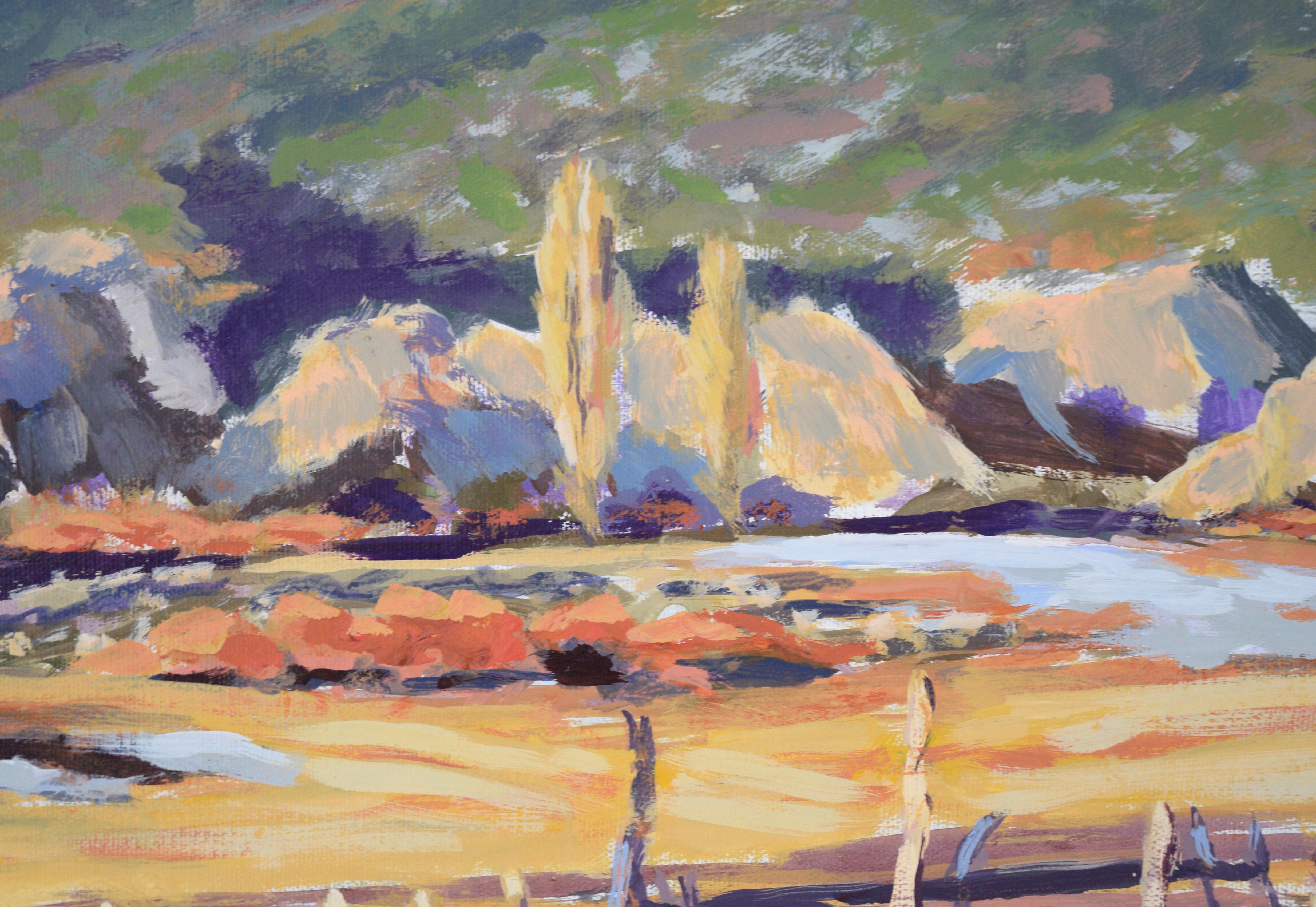 Rancho en el desierto con buey Longhorn - Paisaje Plein Aire en acrílico sobre lienzo - Animal Painting Gris de Nick White