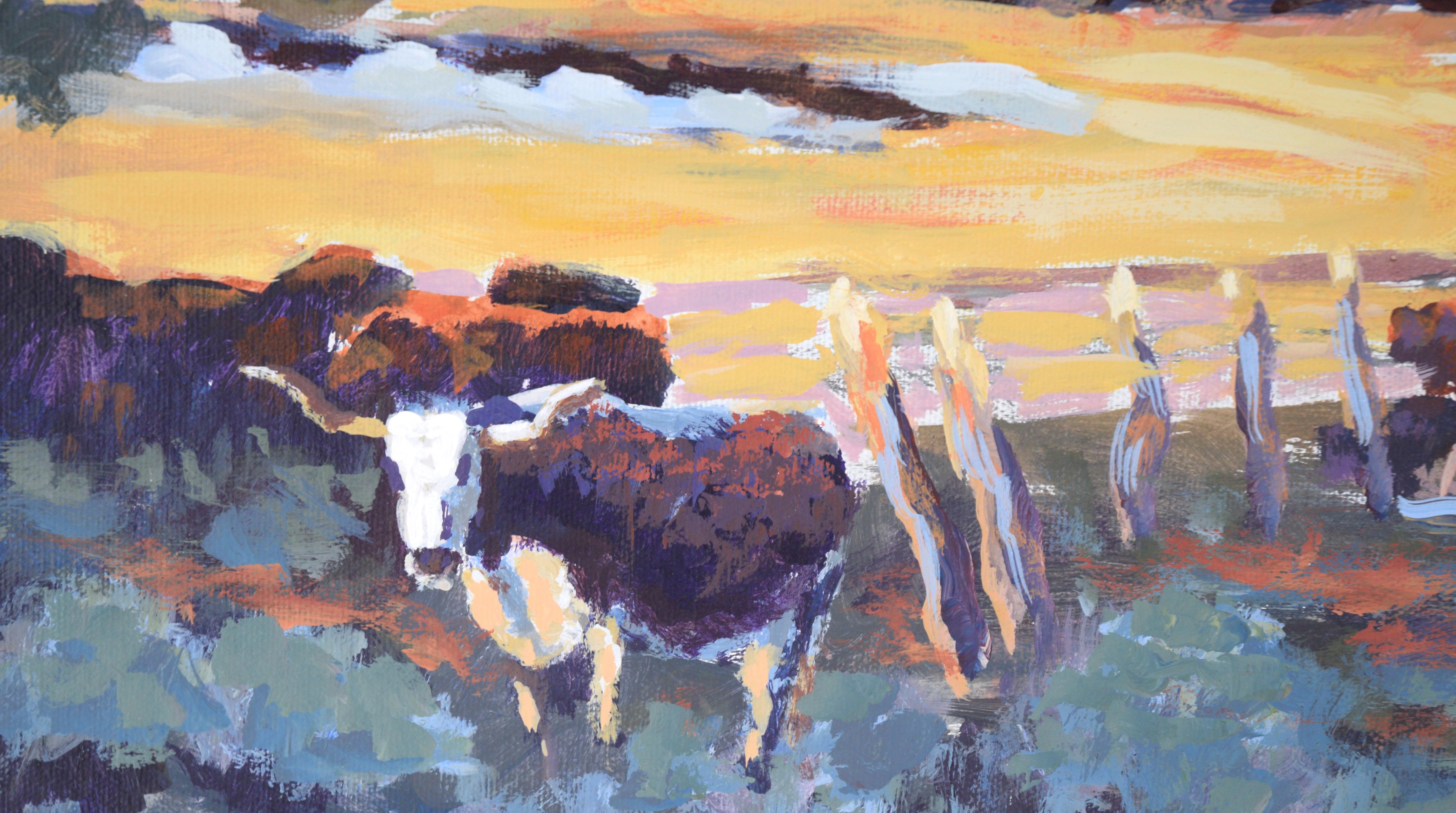 Desert Ranch with Longhorn Steer - Plein Aire Landscape in Acrylic on Canvas For Sale 1
