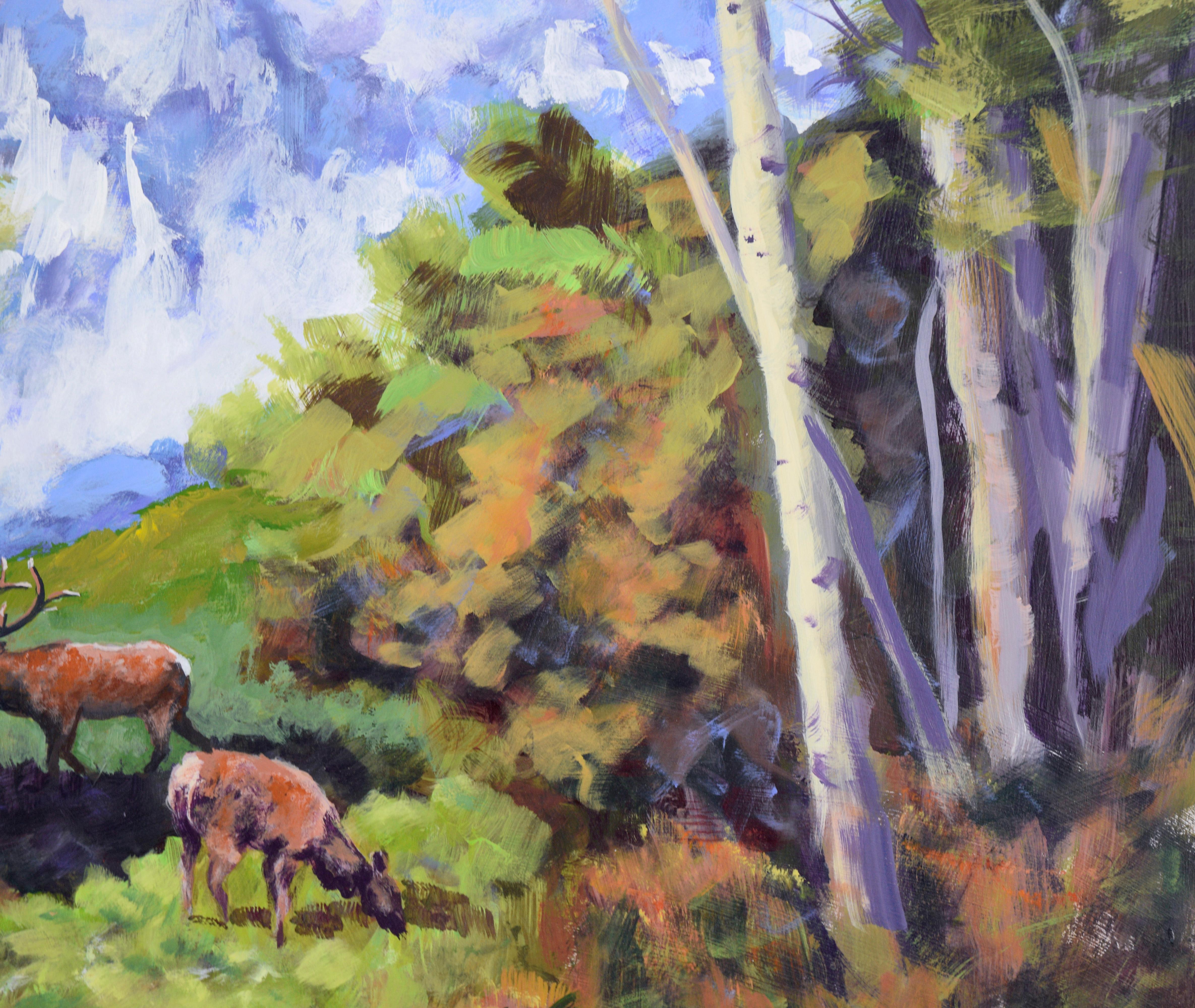 Elk in the Forest - Plein Aire Landscape in Acrylic on Board

Lush Western landscape by California Plein Aire artist Nick White (American, 1943-2009). Several elk are grazing in a clearing, one of which has a full rack of antlers. There are green