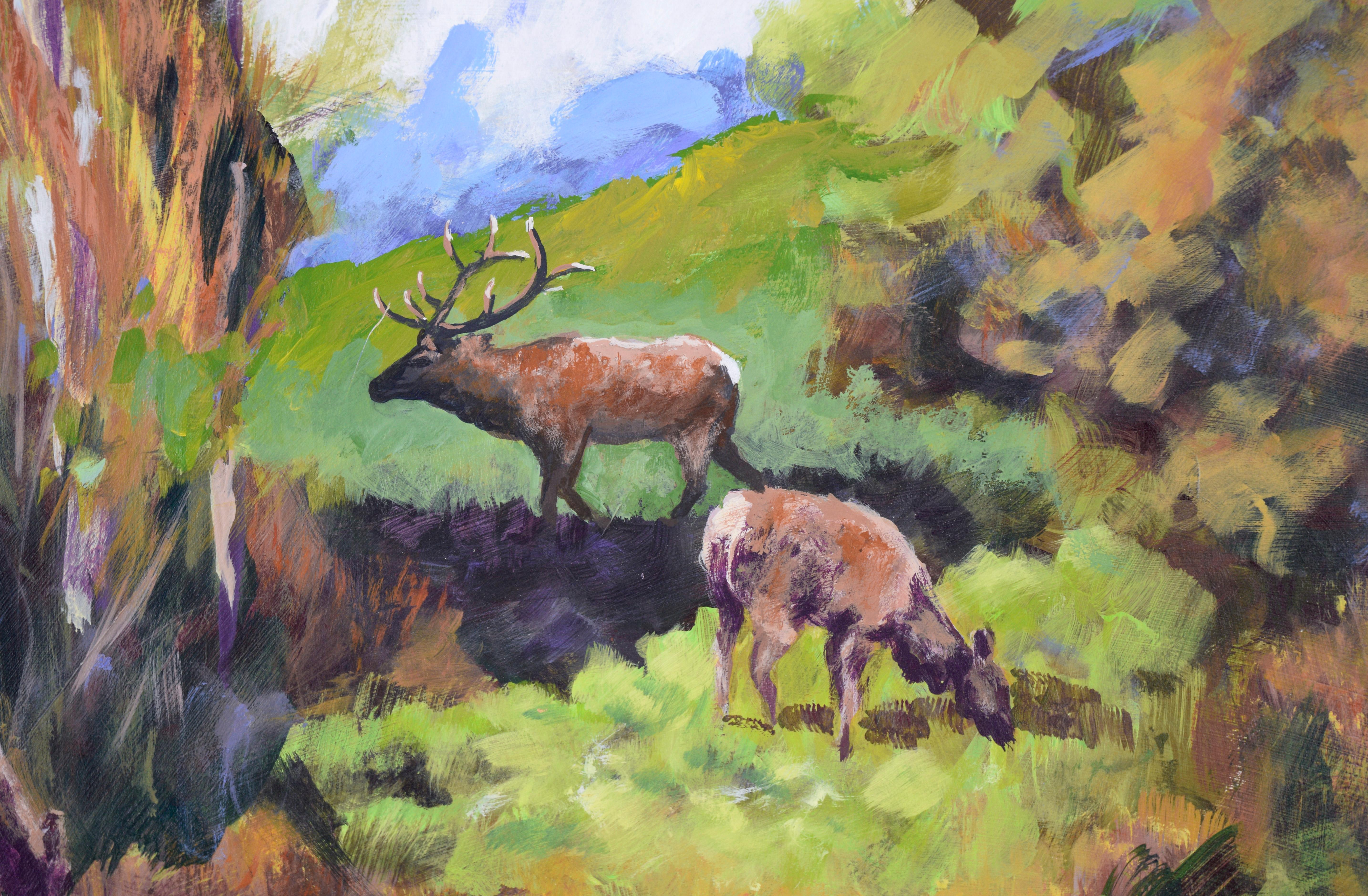 Elk in the Forest - Plein Aire Landscape in Acrylic on Board For Sale 1