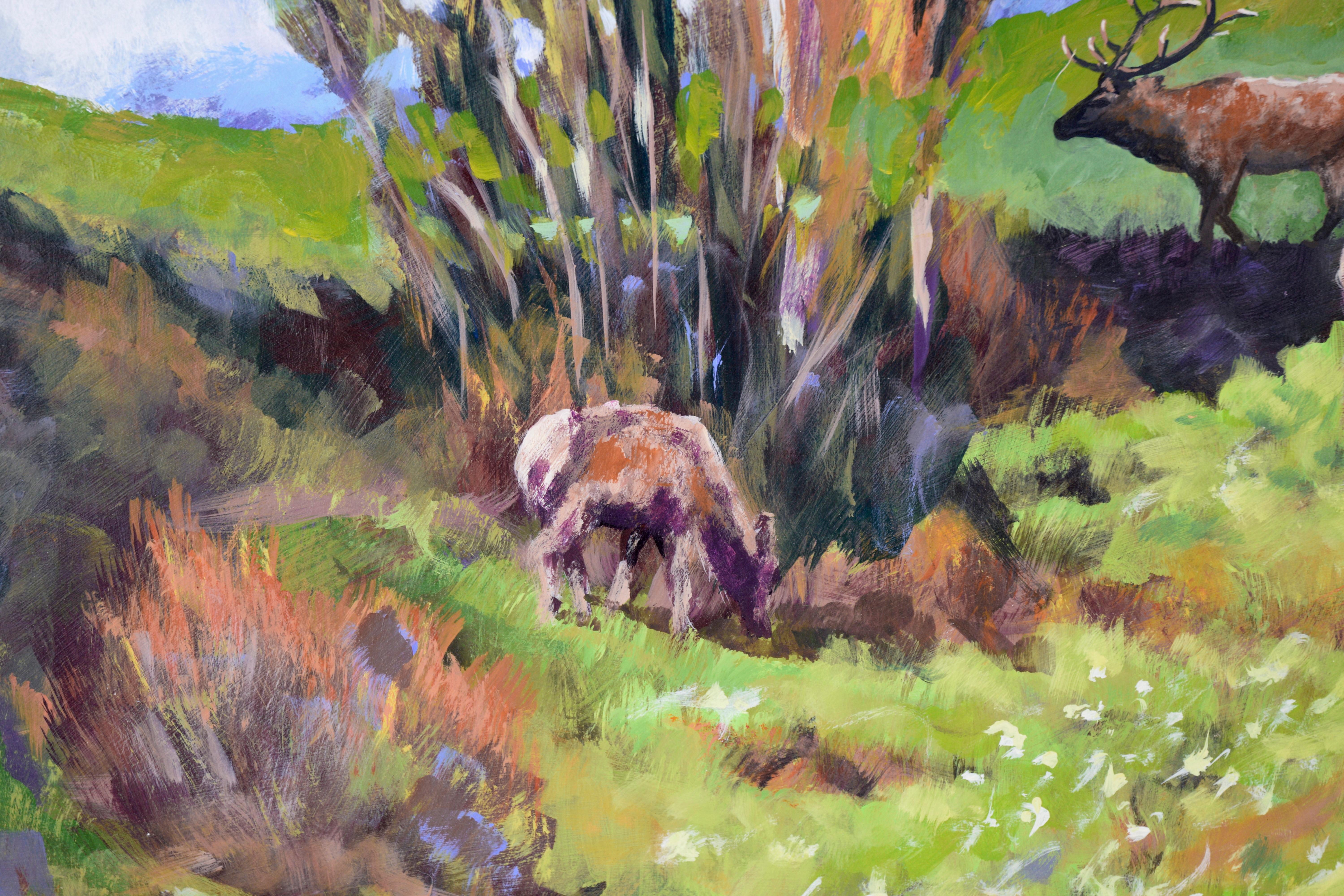 Elk in the Forest - Plein Aire Landscape in Acrylic on Board For Sale 2