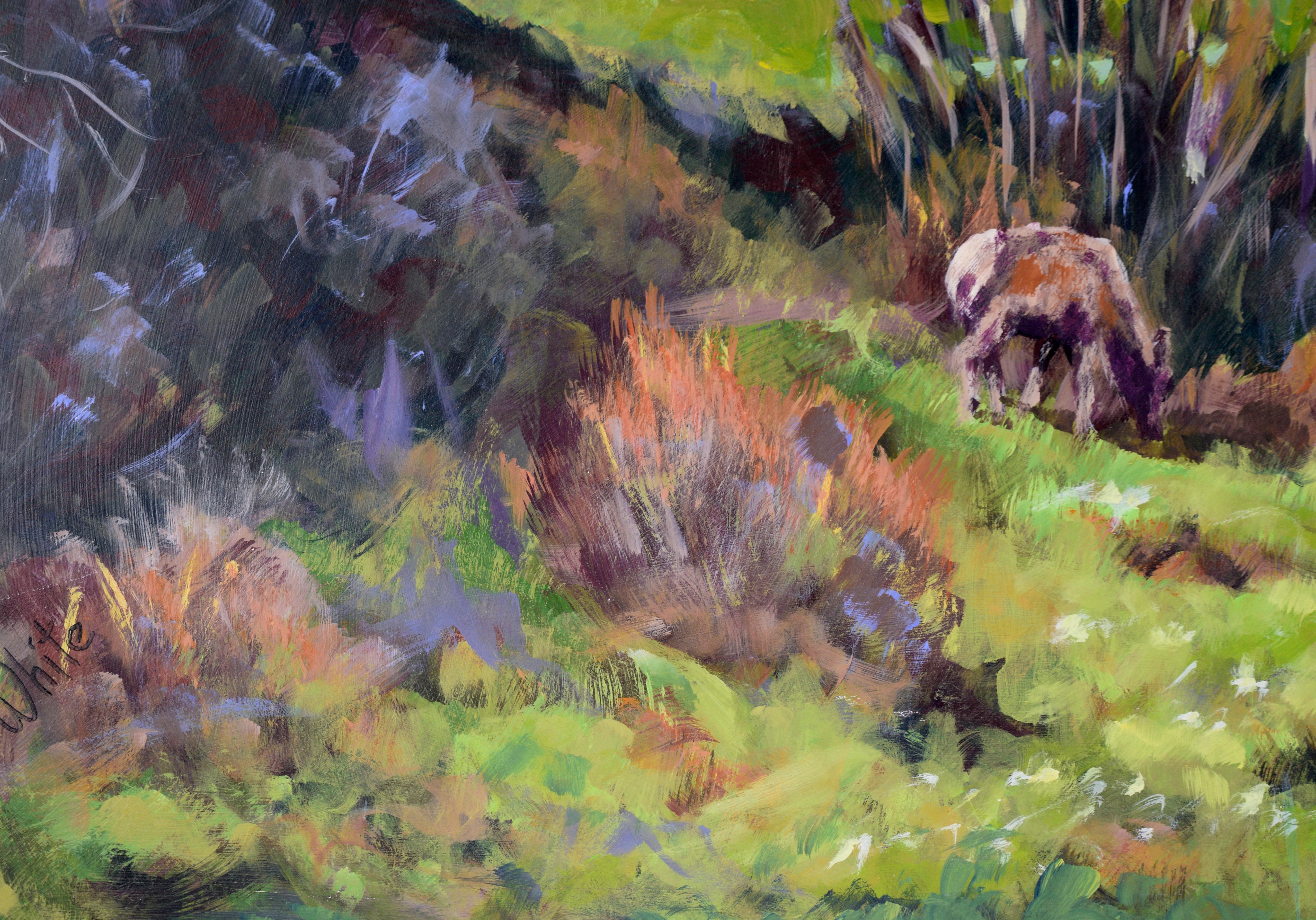 Elk in the Forest - Plein Aire Landscape in Acrylic on Board For Sale 3