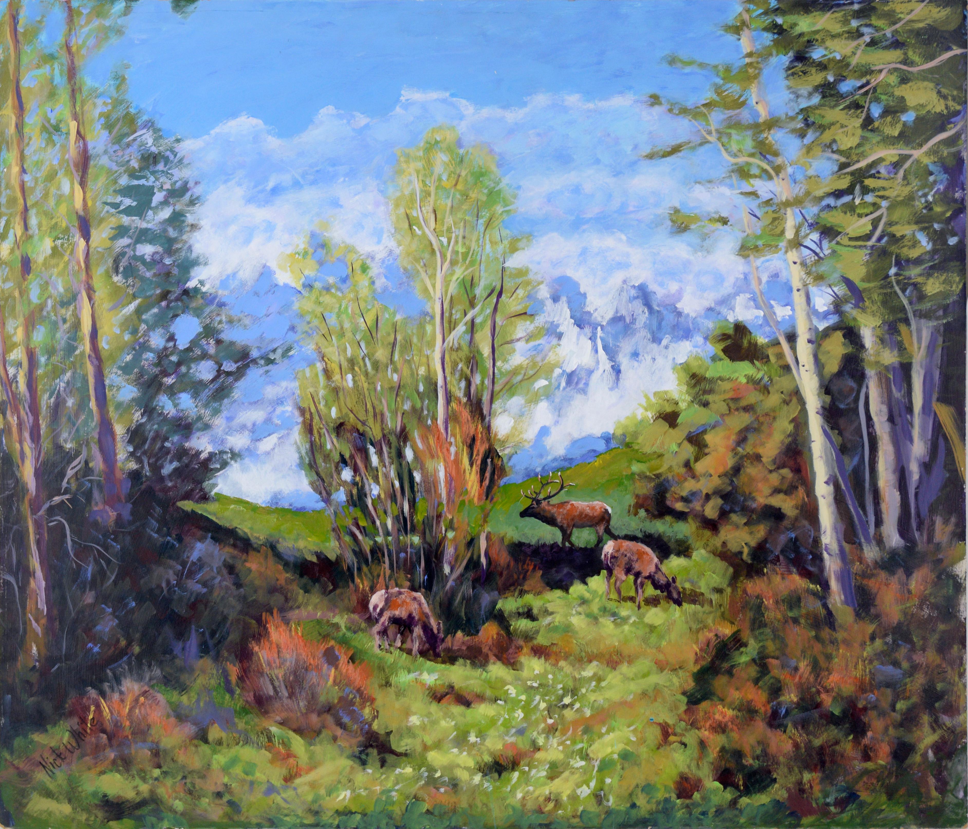 Nick White Landscape Painting - Elk in the Forest - Plein Aire Landscape in Acrylic on Board
